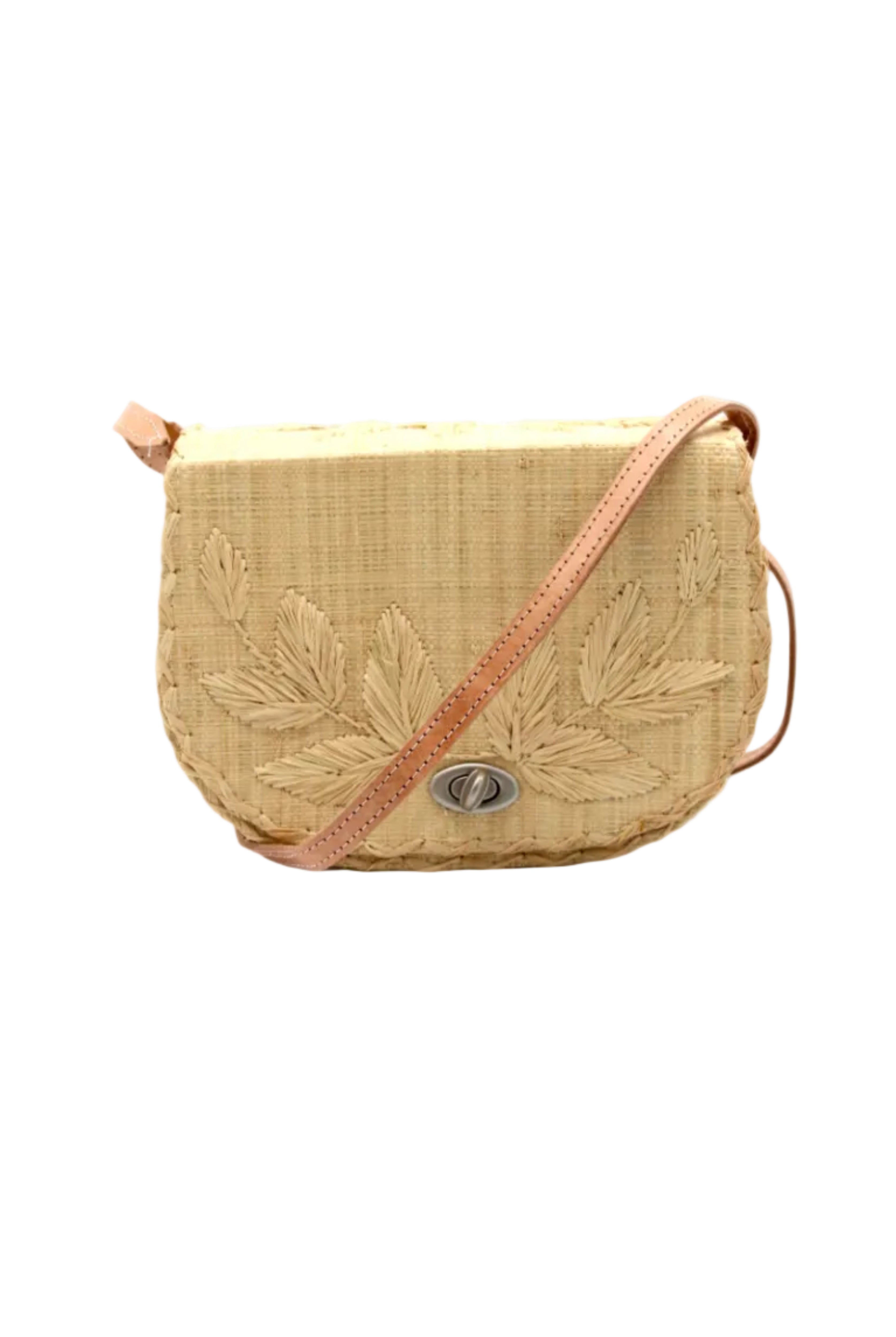70's Crossbody Straw Bag handmade loomed natural raffia palm fiber purse with natural color accent cross stitch edging and matching leaf design embroidery handbag with adjustable leather strap - Shebobo