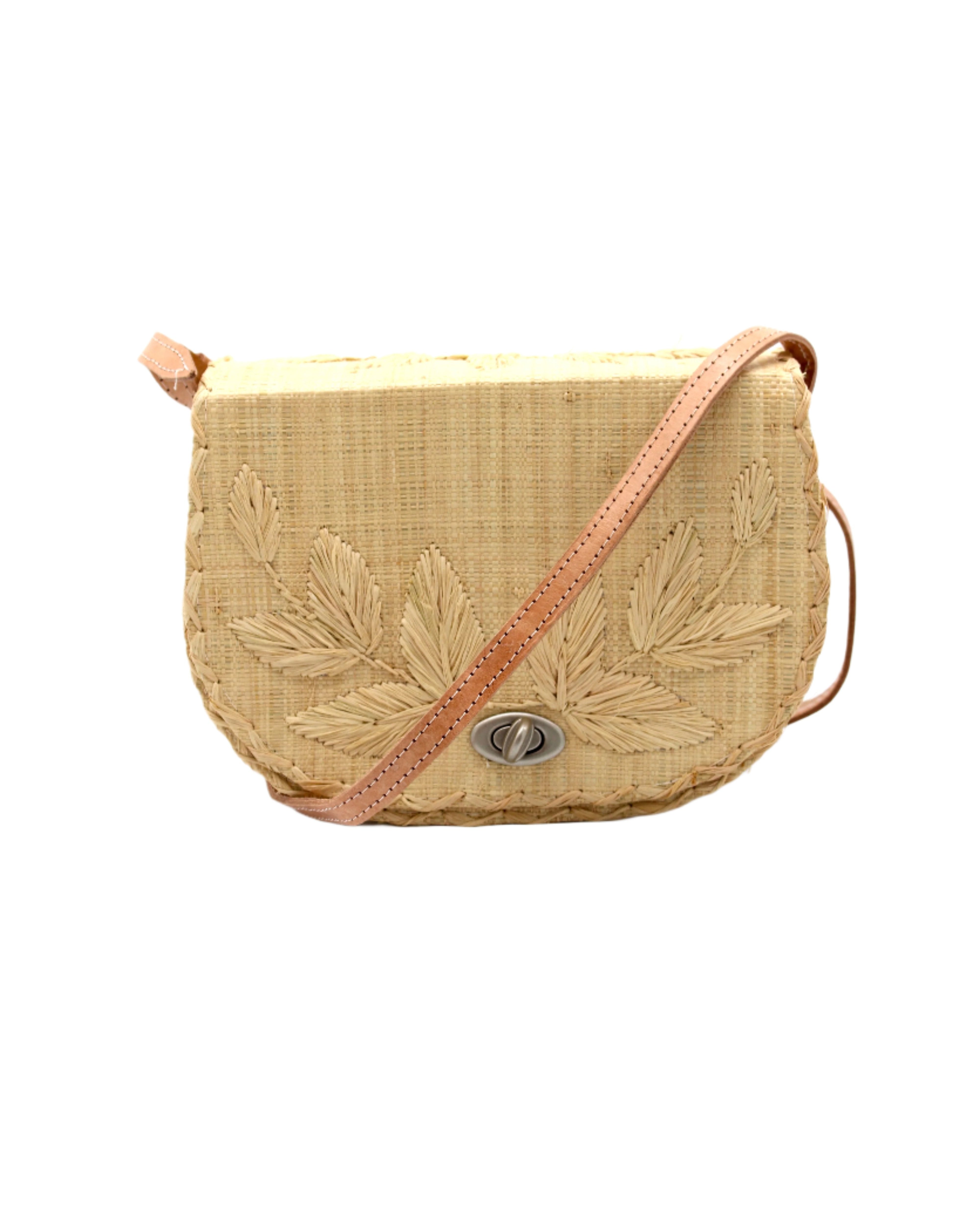70's Crossbody Straw Bag handmade loomed natural raffia palm fiber purse with natural color accent cross stitch edging and matching leaf design embroidery handbag with adjustable leather strap - Shebobo
