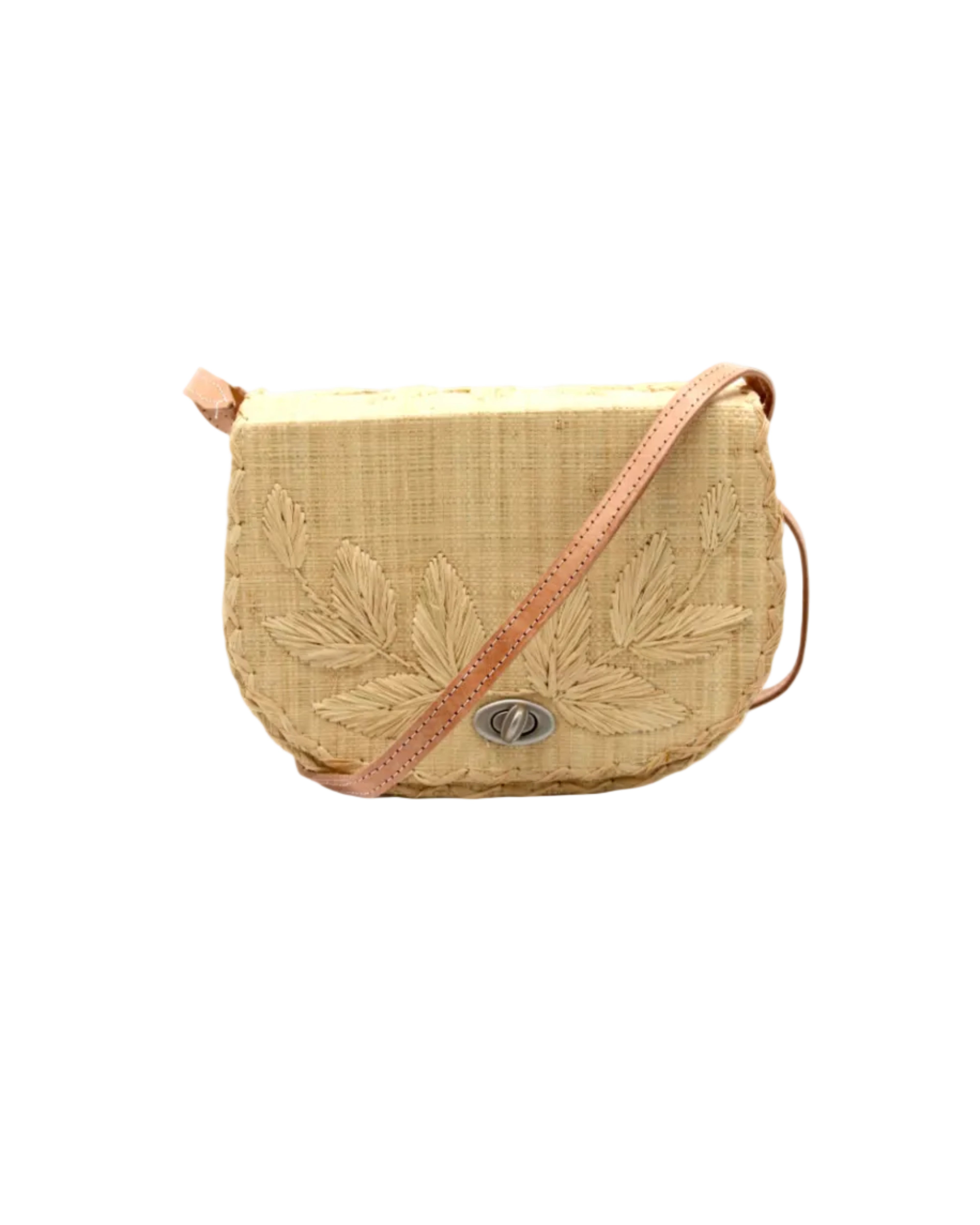 70's Crossbody Straw Bag handmade loomed natural raffia palm fiber purse with natural color accent cross stitch edging and matching leaf design embroidery handbag with adjustable leather strap - Shebobo