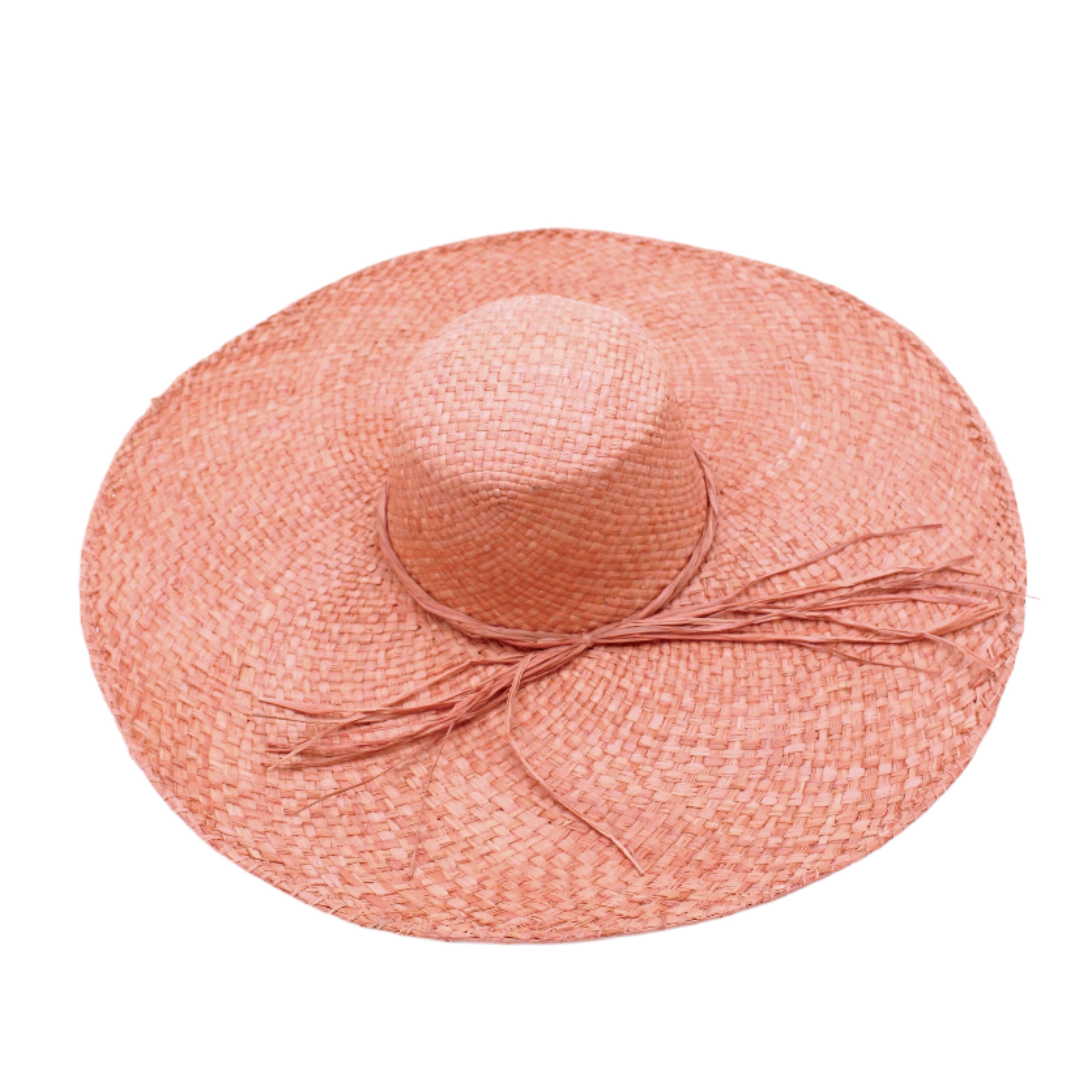 7" Brim Natasha Blush Woven XL Straw Sun Hat handmade woven natural raffia palm fiber in a solid hue of blush red/pink with matching adjustable twisted raffia hat band and and extra wide brim - Shebobo