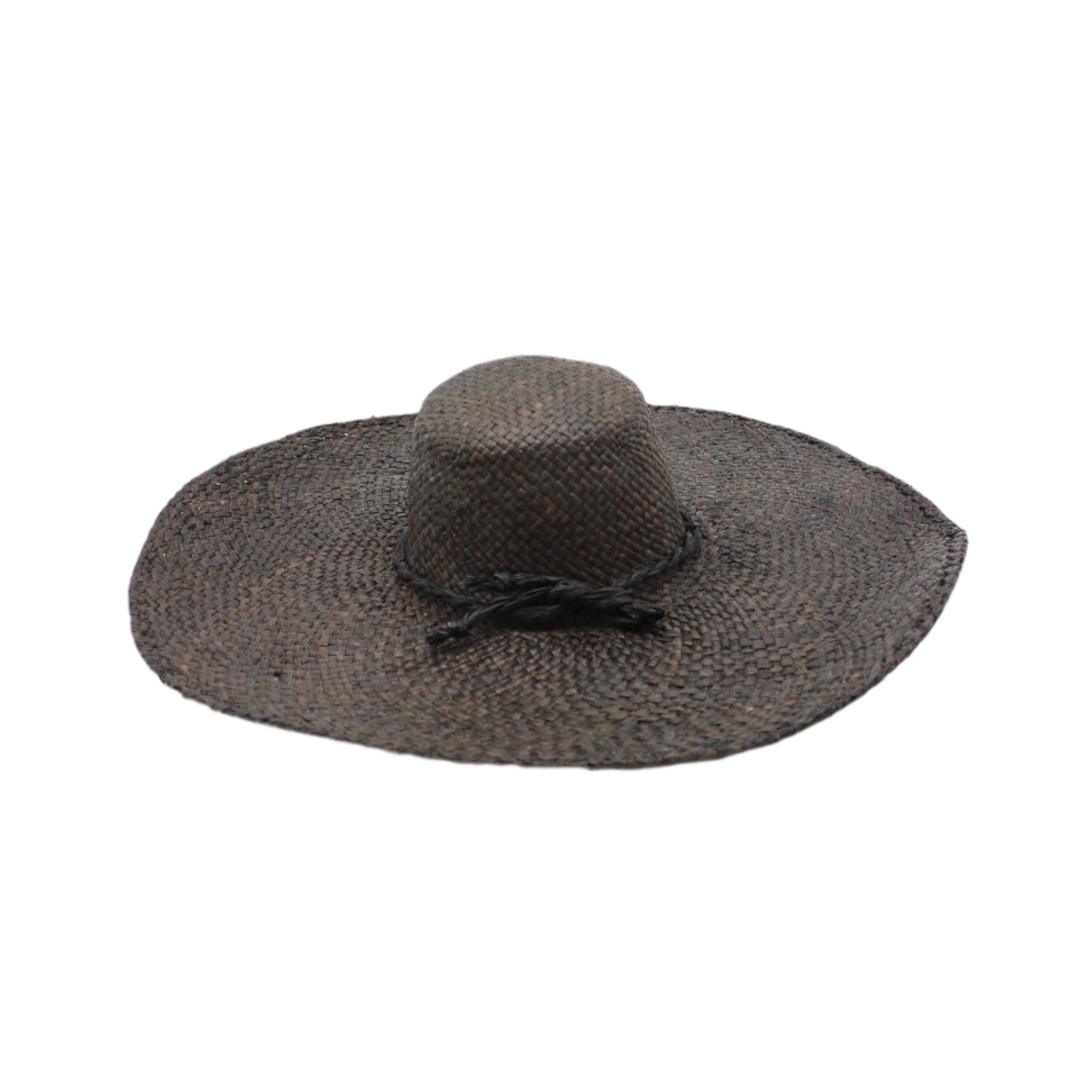 7" Wide Brim Natasha Black Woven XL Straw Sun Hat handmade woven natural raffia palm fiber in a solid hue of black with matching adjustable twisted raffia hat band and and extra wide brim - Shebobo