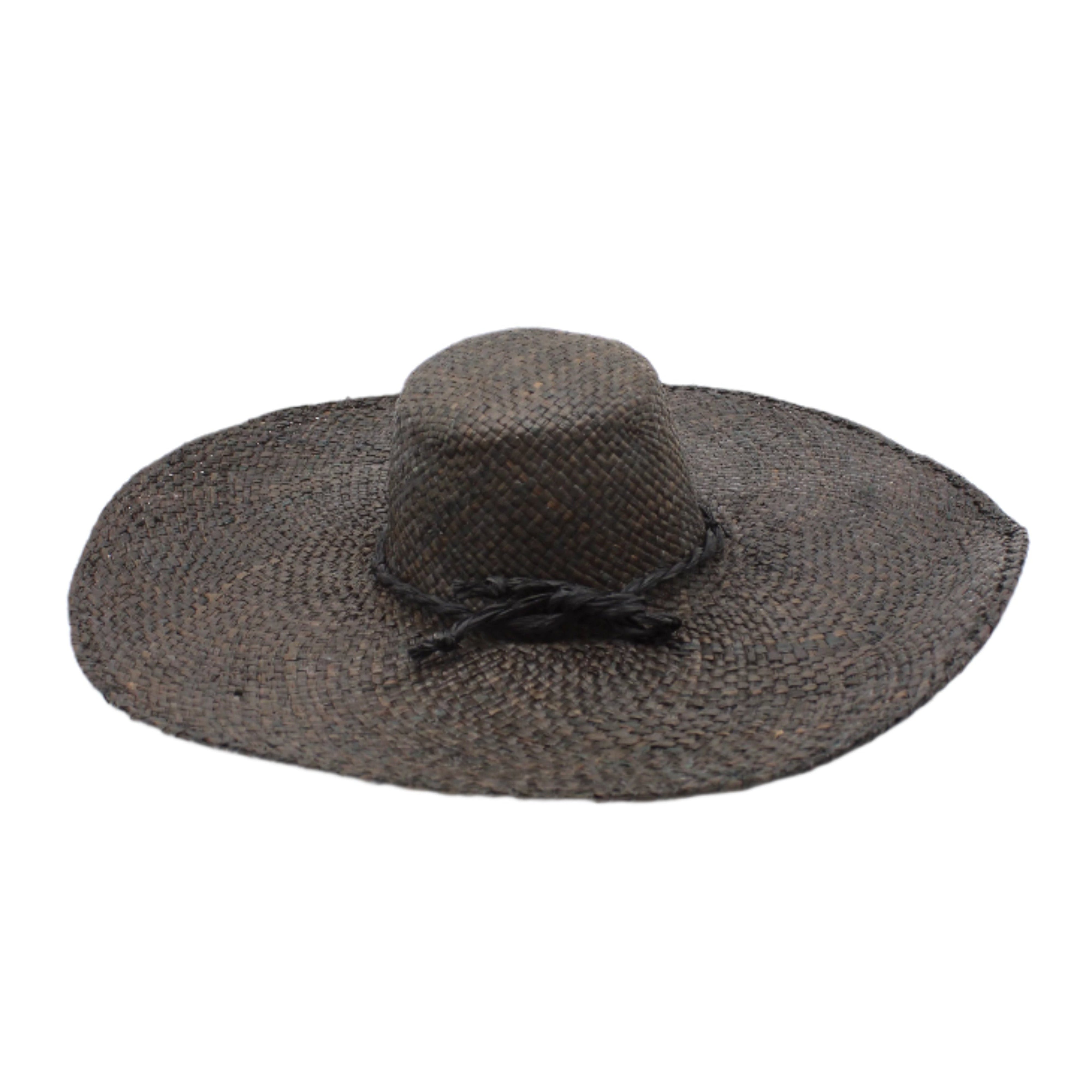 7" Wide Brim Natasha Black Woven XL Straw Sun Hat handmade woven natural raffia palm fiber in a solid hue of black with matching adjustable twisted raffia hat band and and extra wide brim - Shebobo