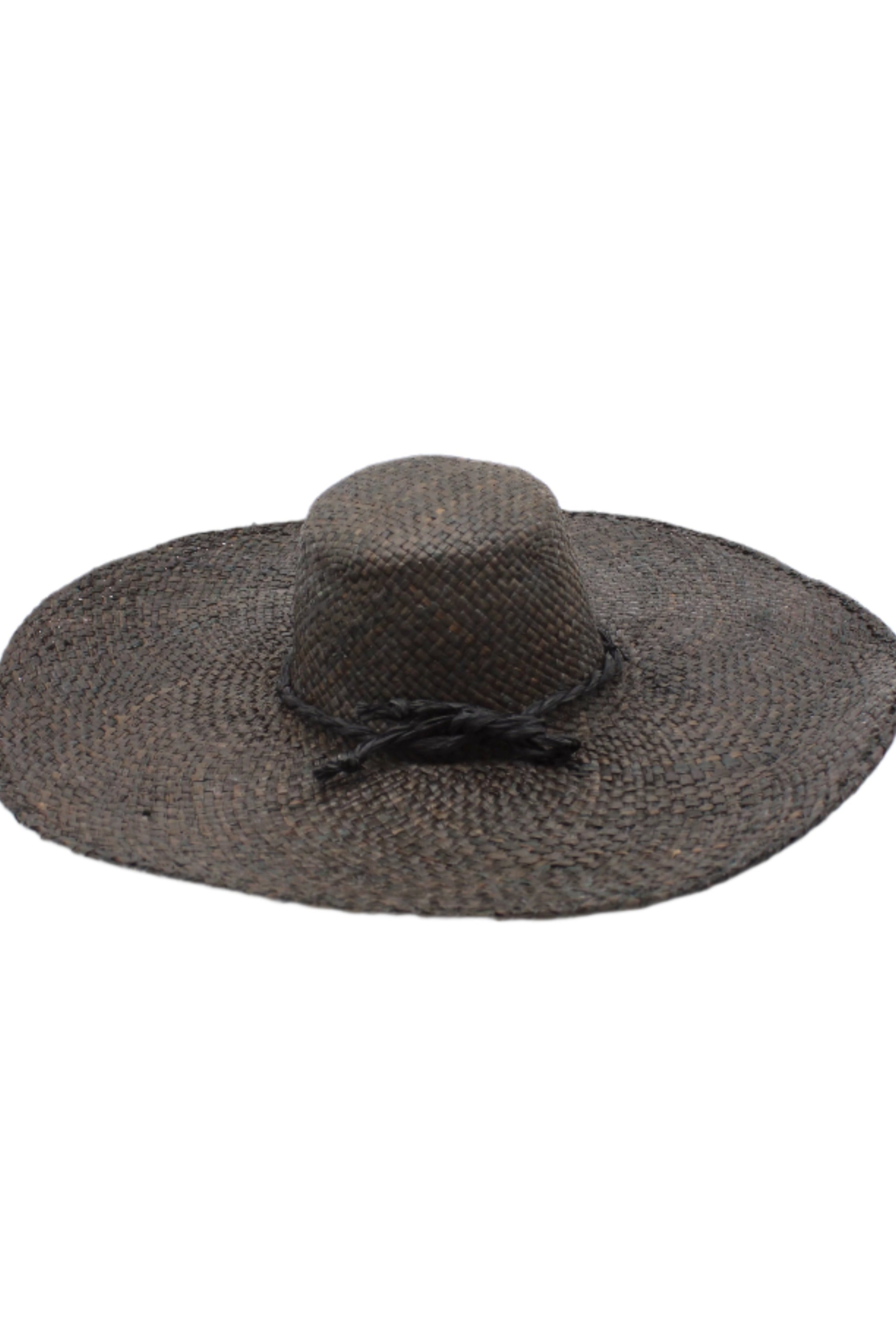 7" Wide Brim Natasha Black Woven XL Straw Sun Hat handmade woven natural raffia palm fiber in a solid hue of black with matching adjustable twisted raffia hat band and and extra wide brim - Shebobo