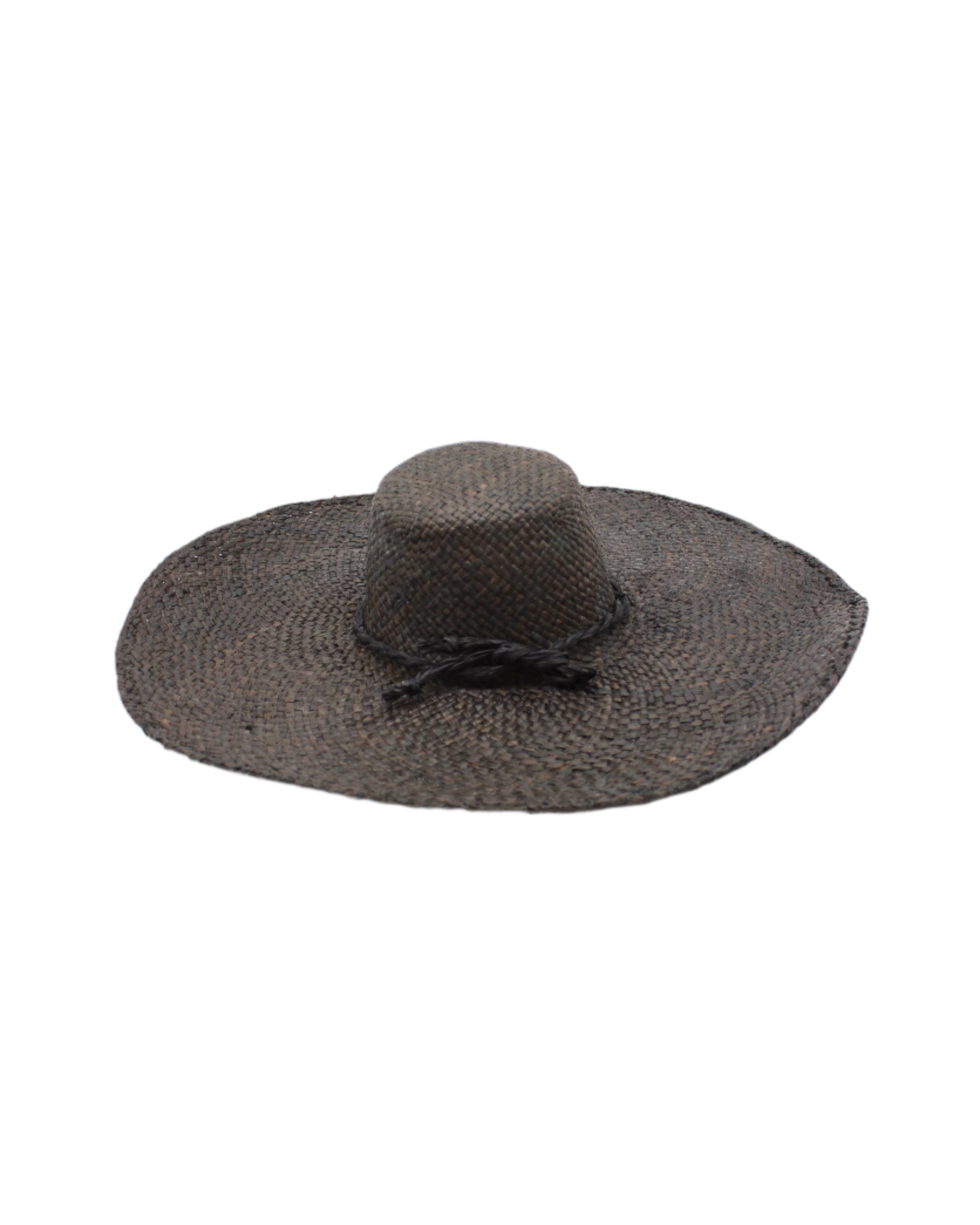 7" Wide Brim Natasha Black Woven XL Straw Sun Hat handmade woven natural raffia palm fiber in a solid hue of black with matching adjustable twisted raffia hat band and and extra wide brim - Shebobo