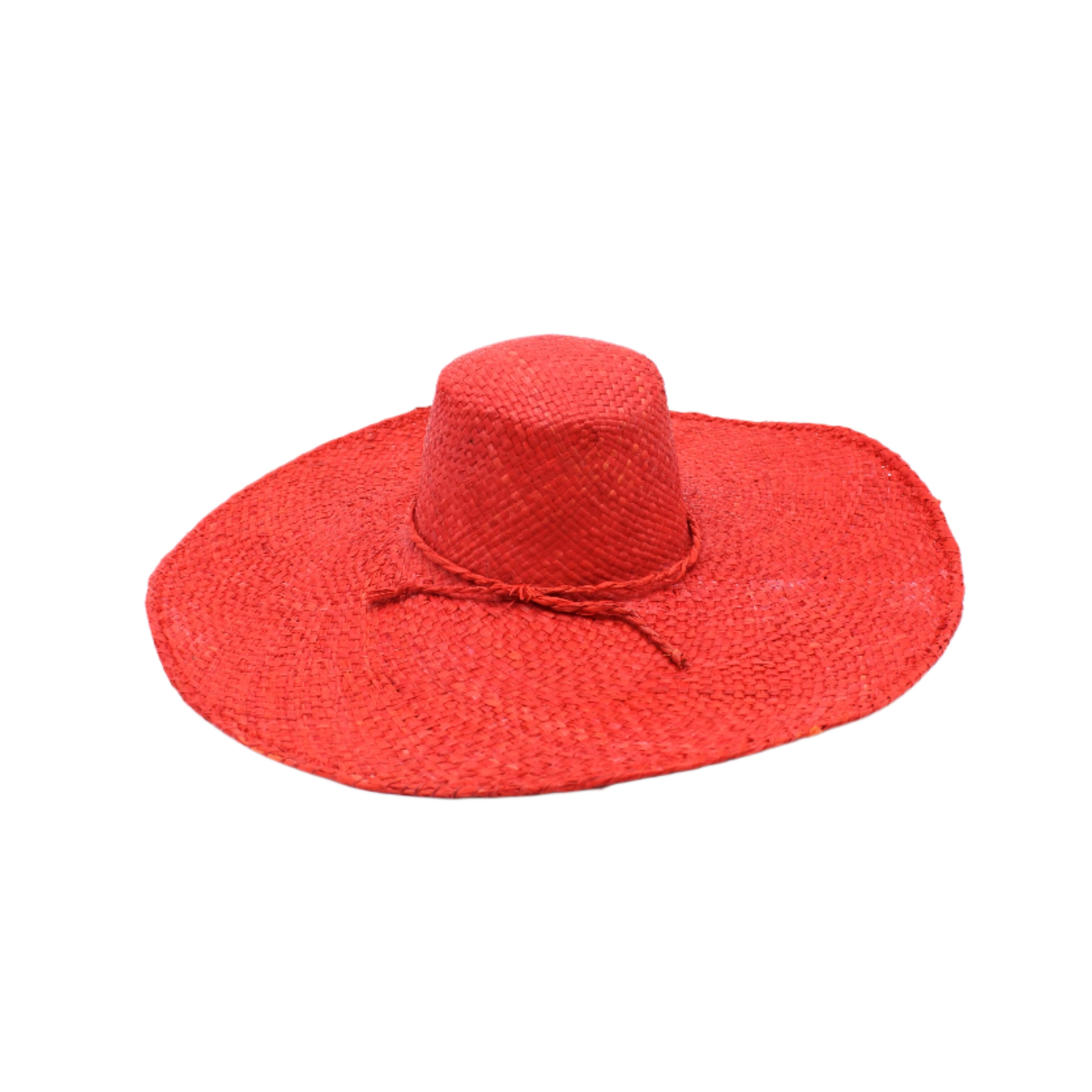 7" Wide Brim Natasha Red Woven XL Straw Sun Hat handmade woven natural raffia palm fiber in a solid hue of red with matching adjustable twisted raffia hat band and and extra wide brim - Shebobo