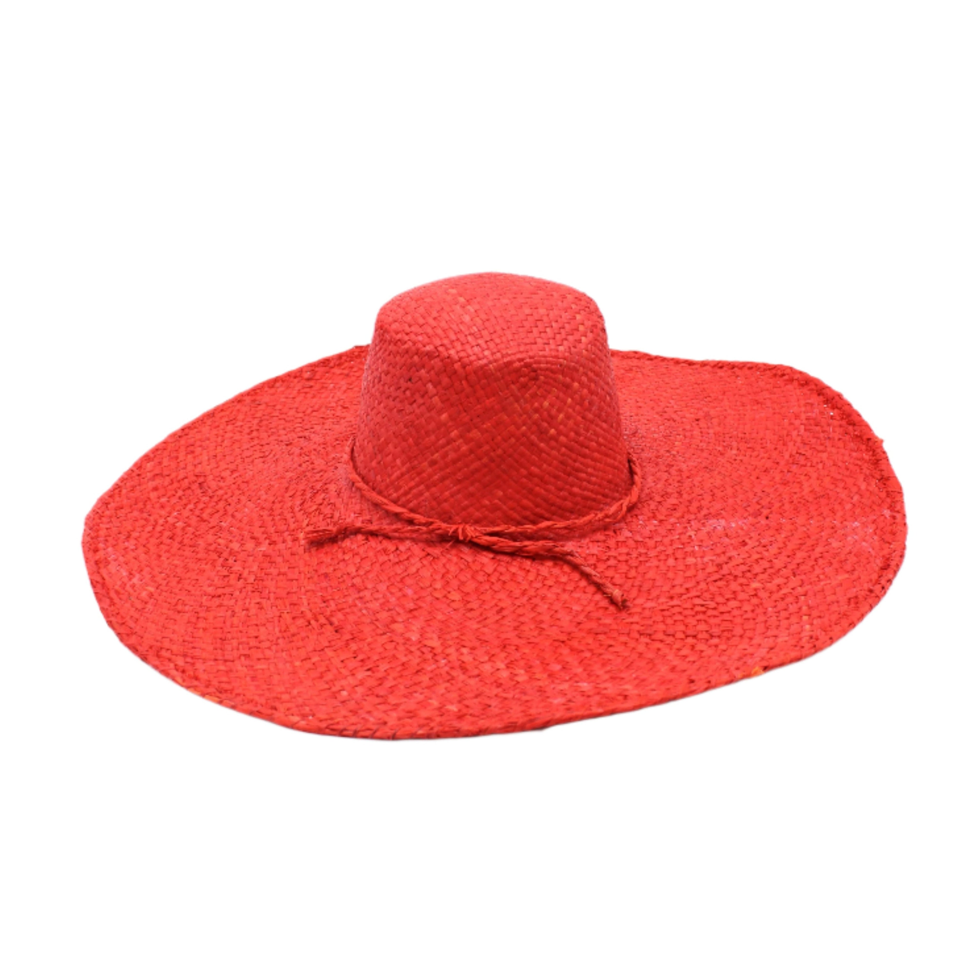 7" Wide Brim Natasha Red Woven XL Straw Sun Hat handmade woven natural raffia palm fiber in a solid hue of red with matching adjustable twisted raffia hat band and and extra wide brim - Shebobo