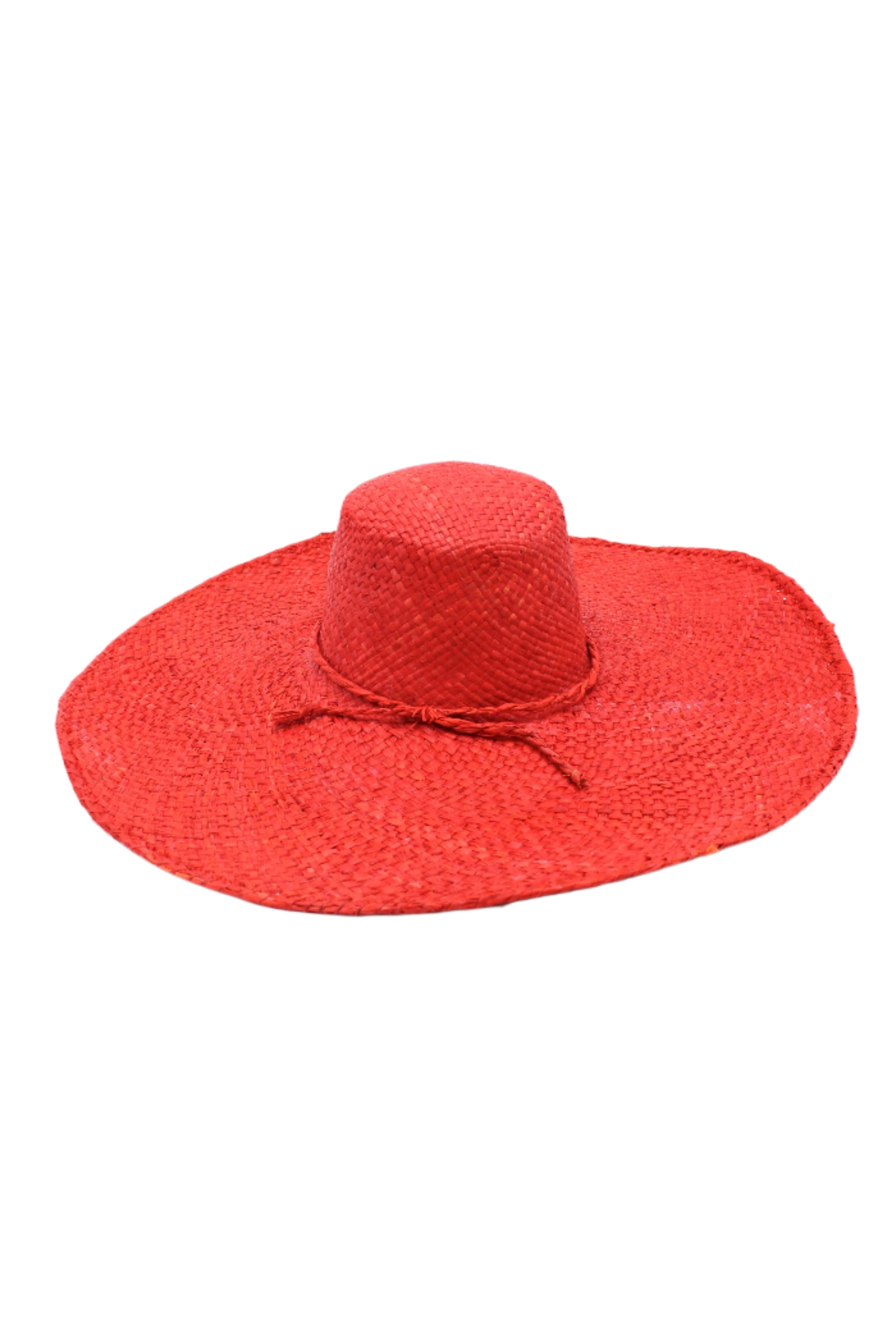 7" Wide Brim Natasha Red Woven XL Straw Sun Hat handmade woven natural raffia palm fiber in a solid hue of red with matching adjustable twisted raffia hat band and and extra wide brim - Shebobo