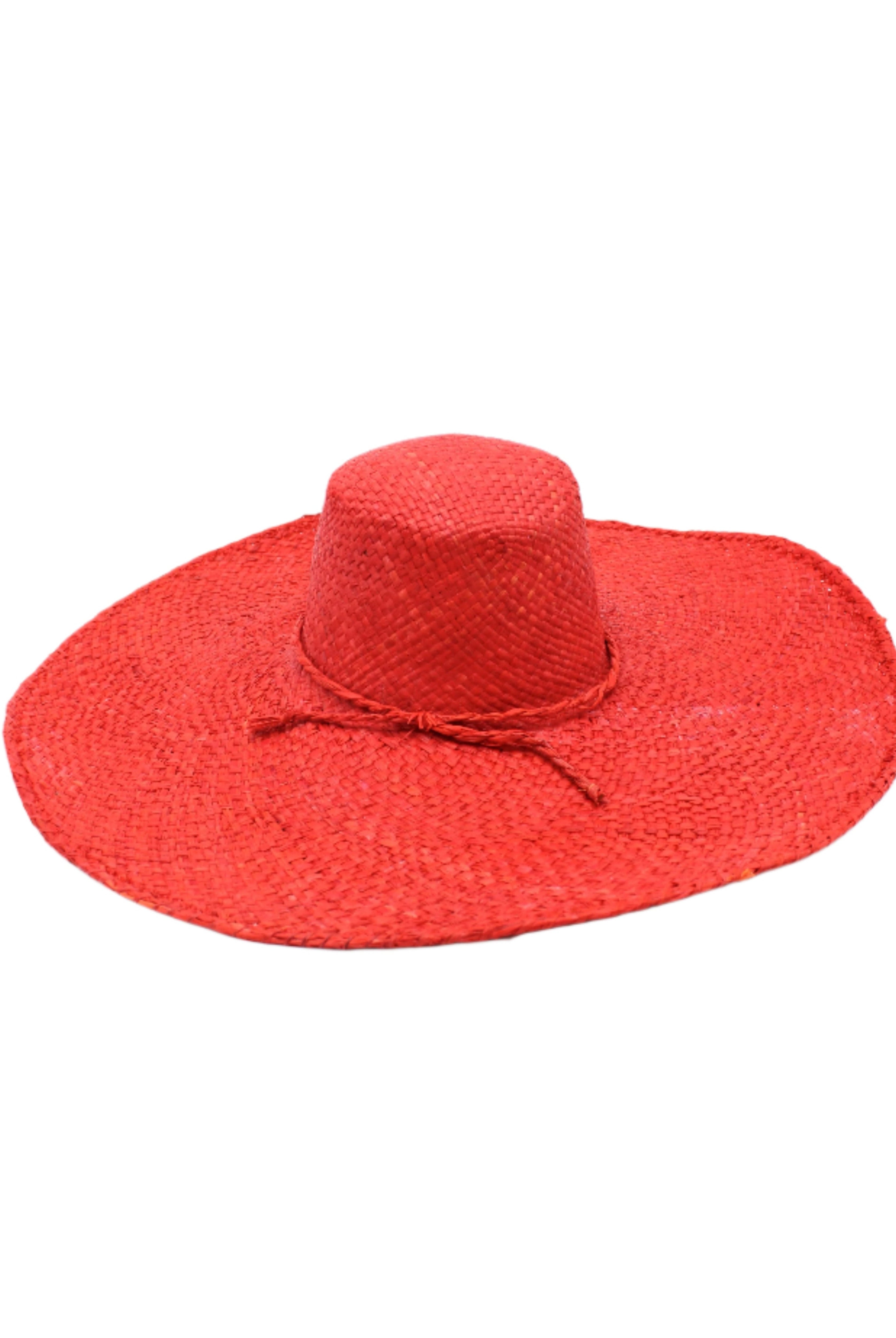 7" Wide Brim Natasha Red Woven XL Straw Sun Hat handmade woven natural raffia palm fiber in a solid hue of red with matching adjustable twisted raffia hat band and and extra wide brim - Shebobo