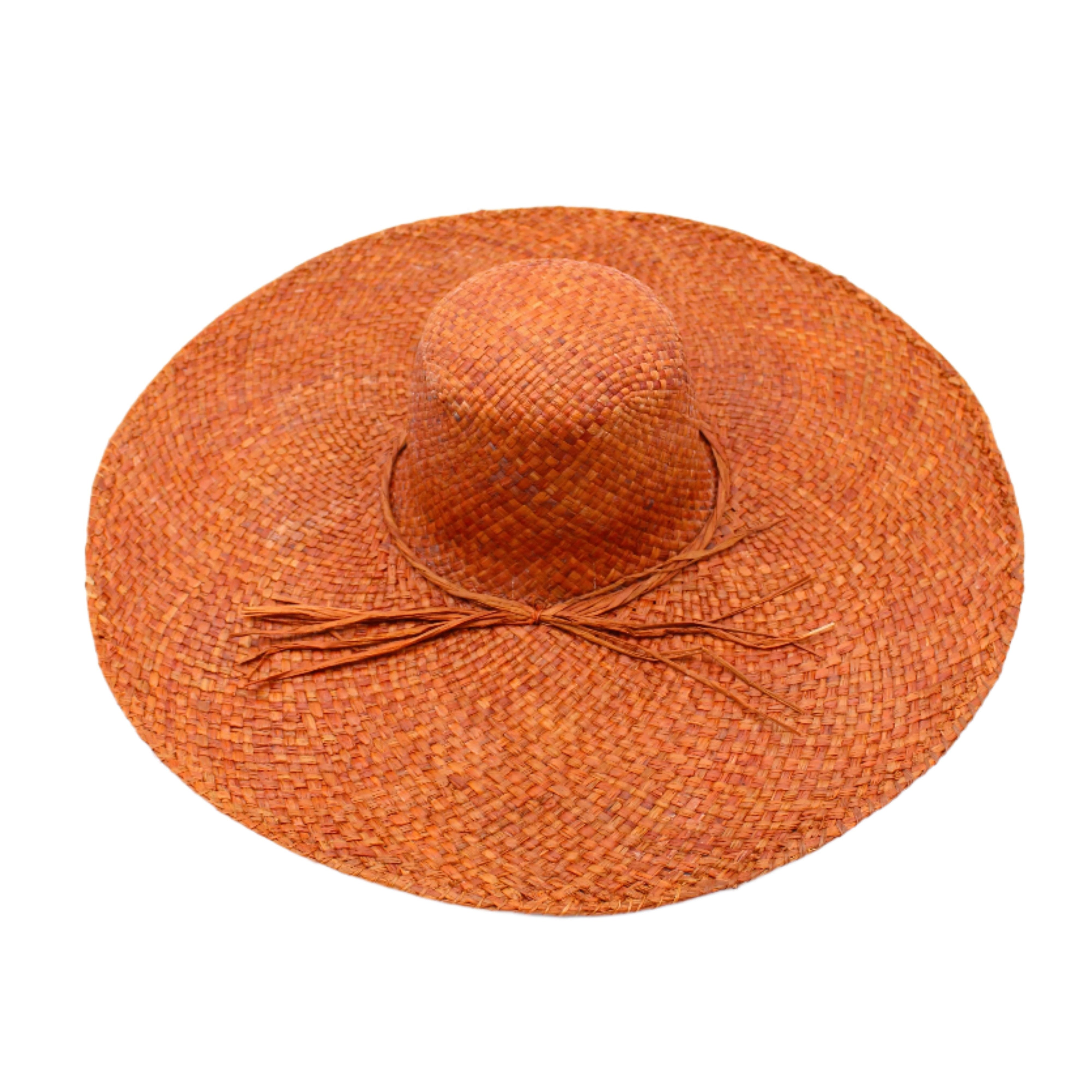 7" Wide Brim Natasha Caramel Woven XL Straw Sun Hat handmade woven natural raffia palm fiber in a solid hue of whisky red/brown with matching adjustable twisted raffia hat band and and extra wide brim - Shebobo
