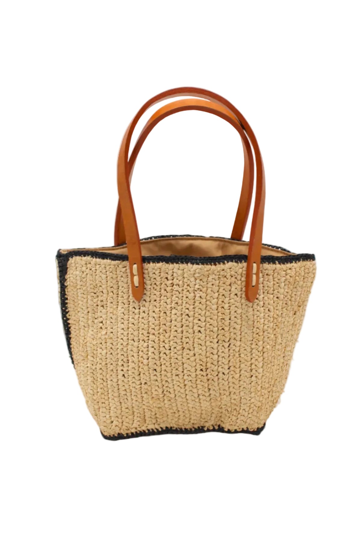 Adele Mini Crochet Raffia Straw Handbag Purse with Colored Edge Natural & Black handmade crochet raffia palm fiber in a solid hue of natural straw color with contrasting narrow band of black around the outer edges of the bag with subtle vertical band texture and leather handles - Shebobo