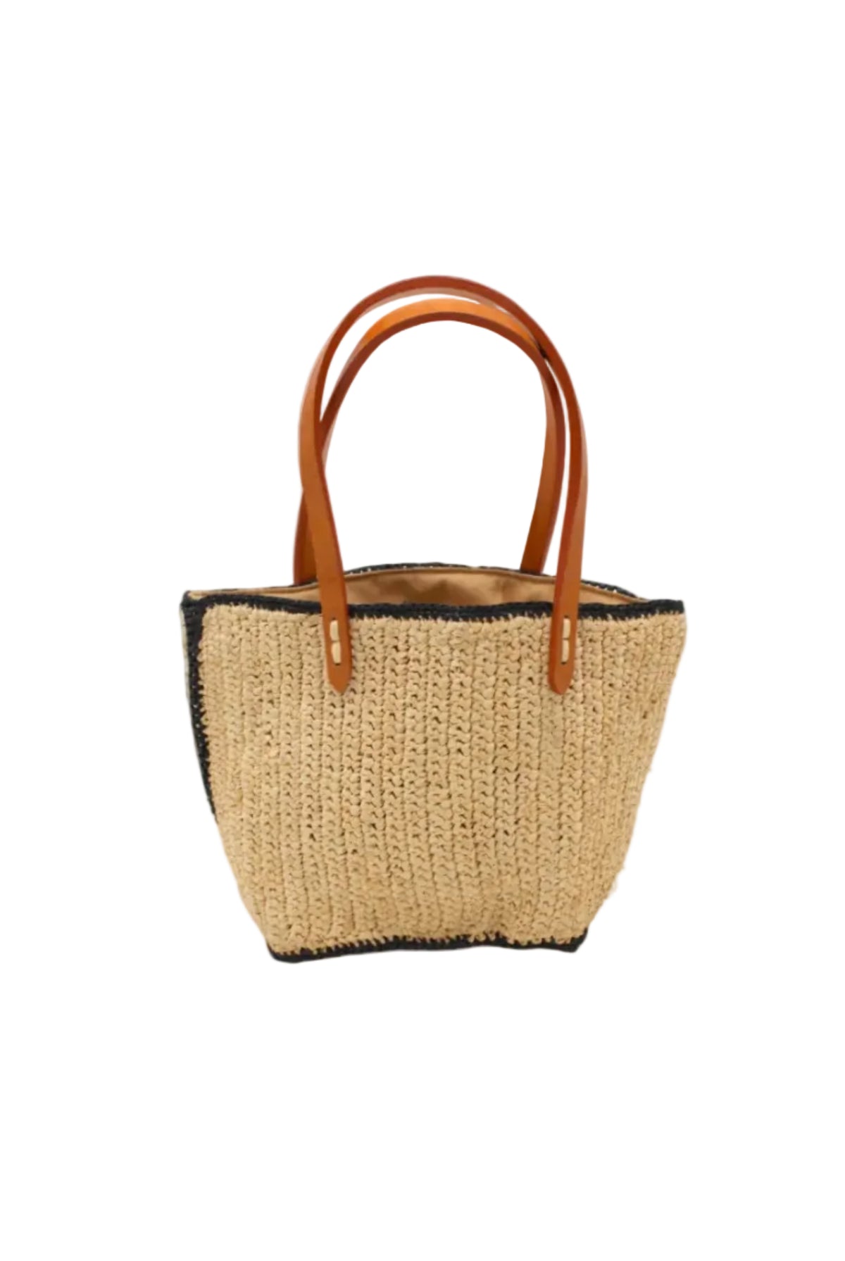 Adele Mini Crochet Raffia Straw Handbag Purse with Colored Edge Natural & Black handmade crochet raffia palm fiber in a solid hue of natural straw color with contrasting narrow band of black around the outer edges of the bag with subtle vertical band texture and leather handles - Shebobo
