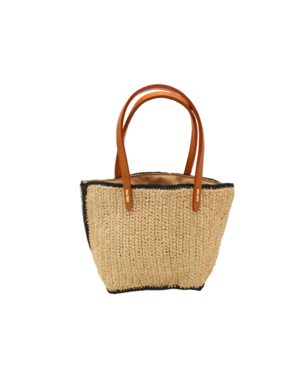 Adele Mini Crochet Raffia Straw Handbag Purse with Colored Edge Natural & Black handmade crochet raffia palm fiber in a solid hue of natural straw color with contrasting narrow band of black around the outer edges of the bag with subtle vertical band texture and leather handles - Shebobo