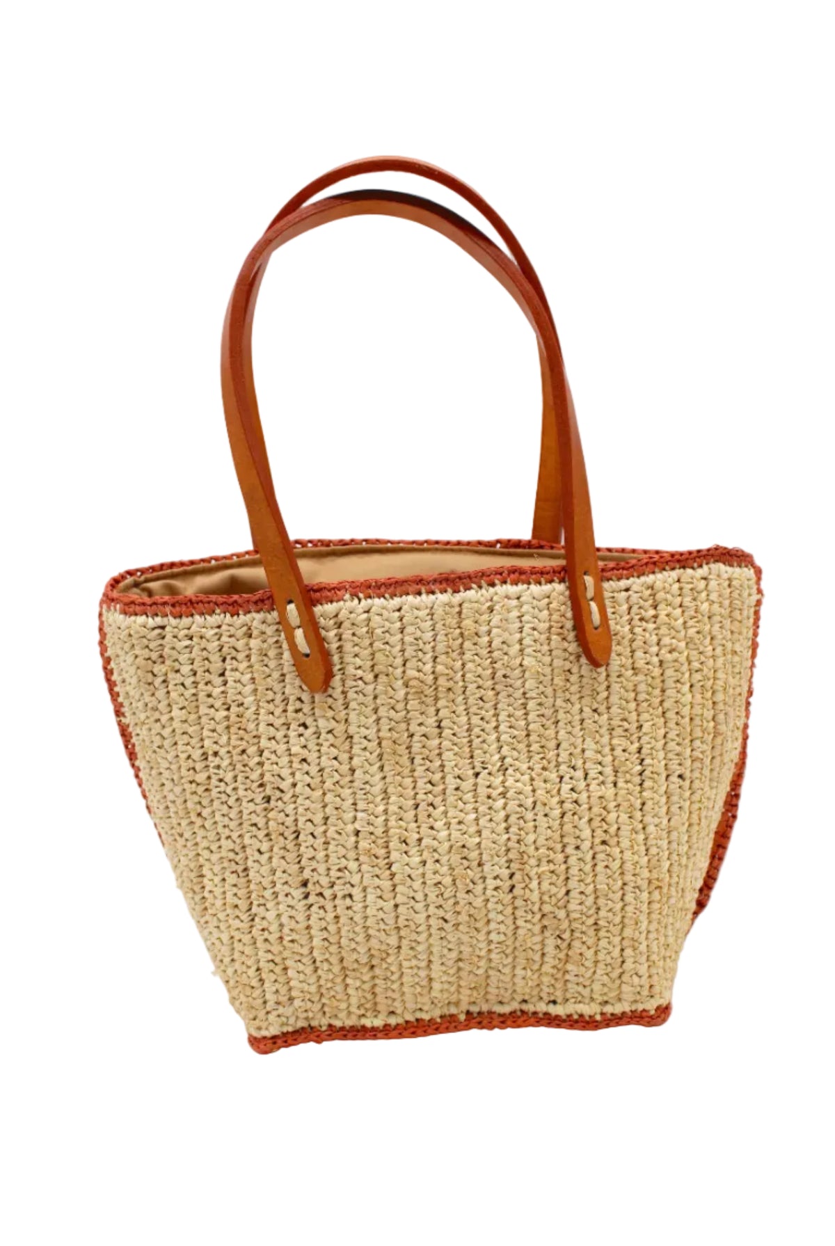 Adele Mini Crochet Raffia Straw Handbag Purse with Colored Edge Natural & Blush handmade crochet raffia palm fiber in a solid hue of natural straw color with contrasting narrow band of blush orange/pink around the outer edges of the bag with subtle vertical band texture and leather handles - Shebobo
