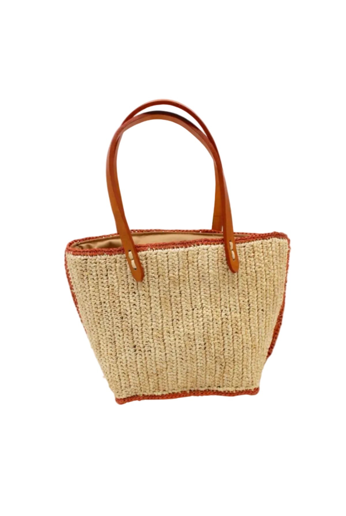 Adele Mini Crochet Raffia Straw Handbag Purse with Colored Edge Natural & Blush handmade crochet raffia palm fiber in a solid hue of natural straw color with contrasting narrow band of blush orange/pink around the outer edges of the bag with subtle vertical band texture and leather handles - Shebobo