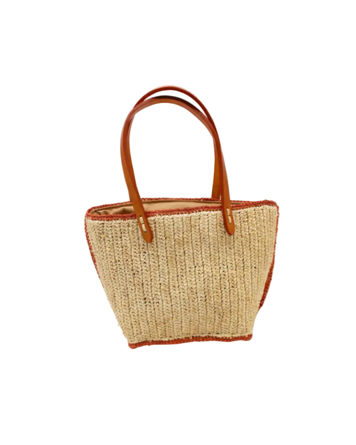 Adele Mini Crochet Raffia Straw Handbag Purse with Colored Edge Natural & Blush handmade crochet raffia palm fiber in a solid hue of natural straw color with contrasting narrow band of blush orange/pink around the outer edges of the bag with subtle vertical band texture and leather handles - Shebobo