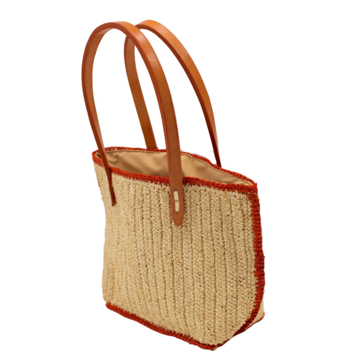 Side view Adele Mini Crochet Raffia Straw Handbag Purse with Colored Edge Natural & Coral handmade crochet raffia palm fiber in a solid hue of natural straw color with contrasting narrow band of coral orange/red around the outer edges of the bag with subtle vertical band texture and leather handles - Shebobo