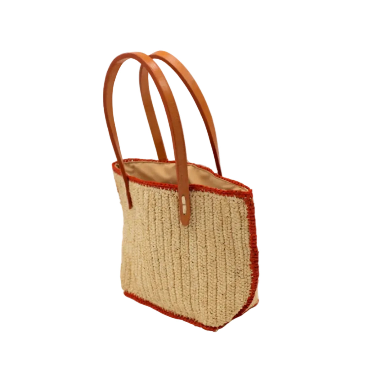 Side view Adele Mini Crochet Raffia Straw Handbag Purse with Colored Edge Natural & Coral handmade crochet raffia palm fiber in a solid hue of natural straw color with contrasting narrow band of coral orange/red around the outer edges of the bag with subtle vertical band texture and leather handles - Shebobo