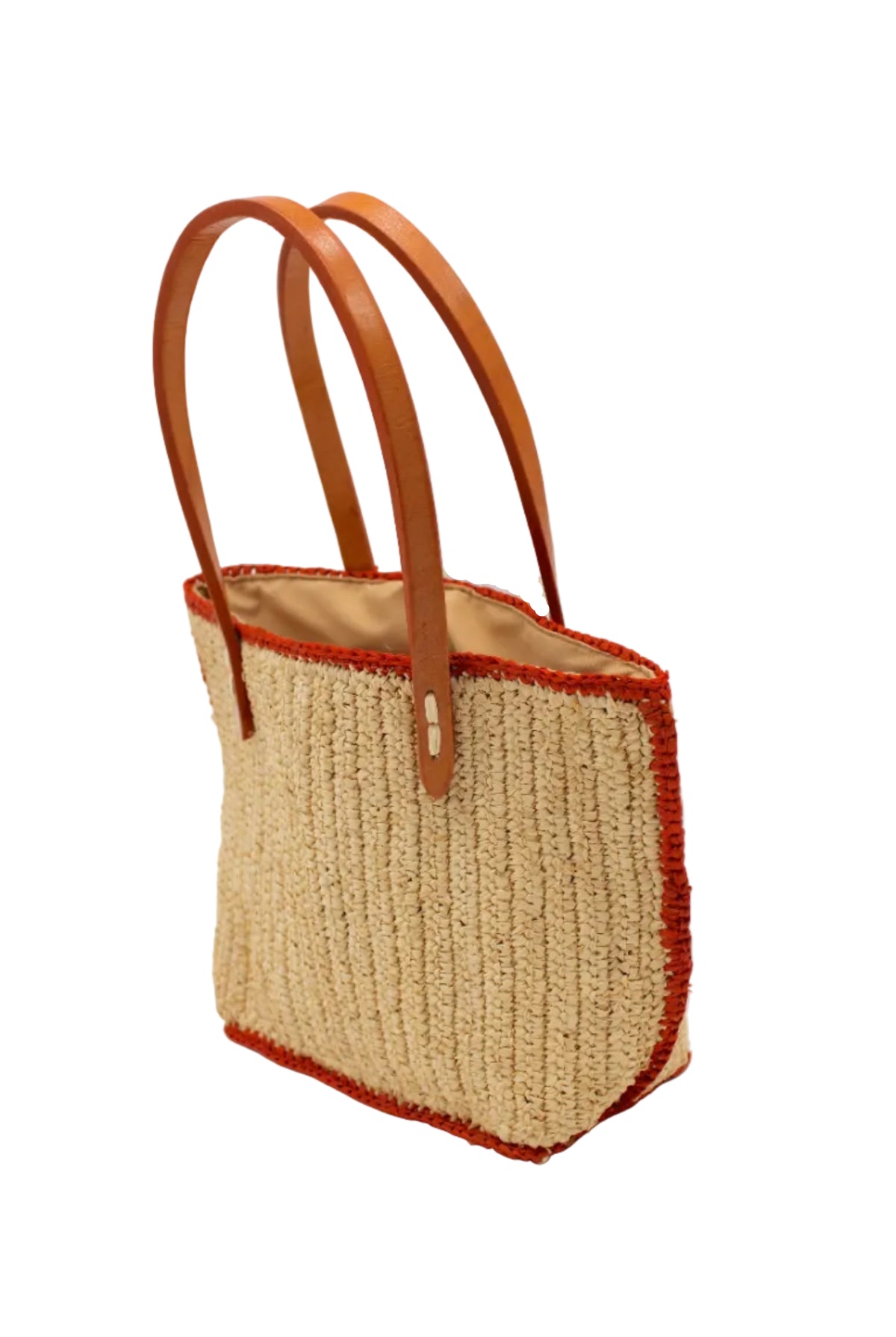 Side view Adele Mini Crochet Raffia Straw Handbag Purse with Colored Edge Natural & Coral handmade crochet raffia palm fiber in a solid hue of natural straw color with contrasting narrow band of coral orange/red around the outer edges of the bag with subtle vertical band texture and leather handles - Shebobo