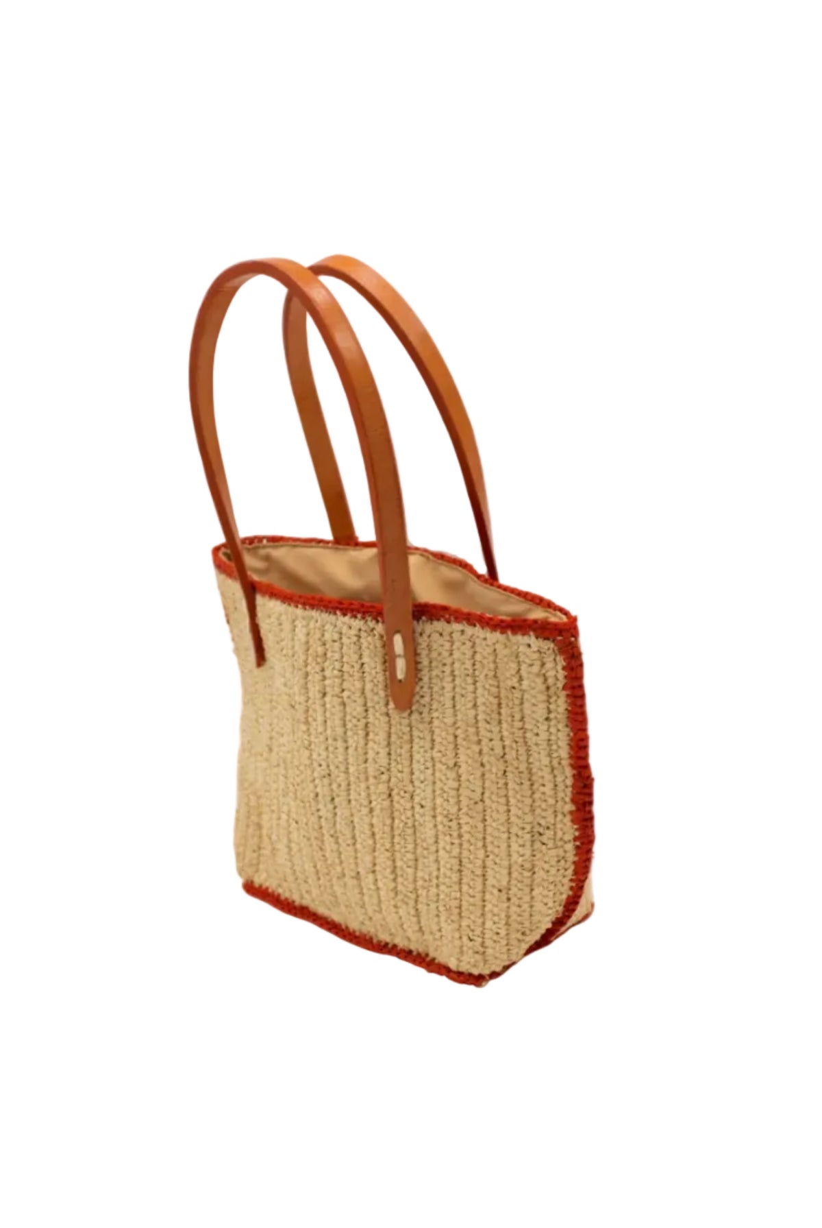 Side view Adele Mini Crochet Raffia Straw Handbag Purse with Colored Edge Natural & Coral handmade crochet raffia palm fiber in a solid hue of natural straw color with contrasting narrow band of coral orange/red around the outer edges of the bag with subtle vertical band texture and leather handles - Shebobo