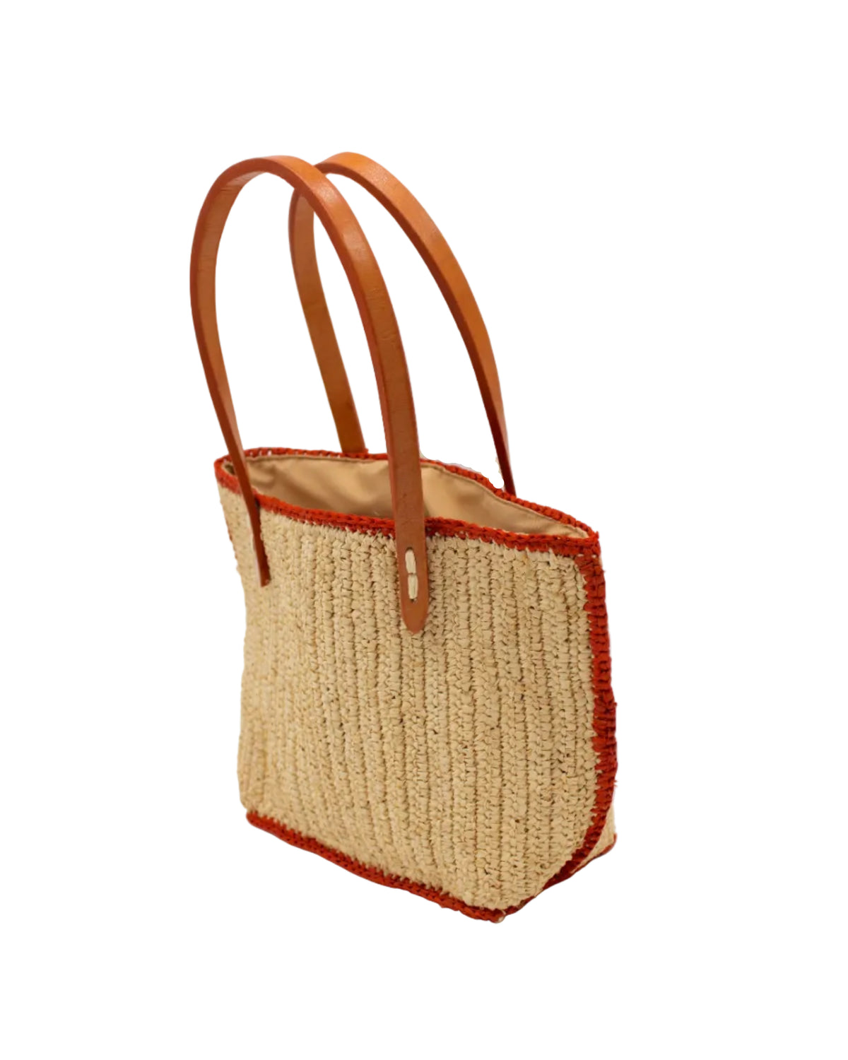 Side view Adele Mini Crochet Raffia Straw Handbag Purse with Colored Edge Natural & Coral handmade crochet raffia palm fiber in a solid hue of natural straw color with contrasting narrow band of coral orange/red around the outer edges of the bag with subtle vertical band texture and leather handles - Shebobo