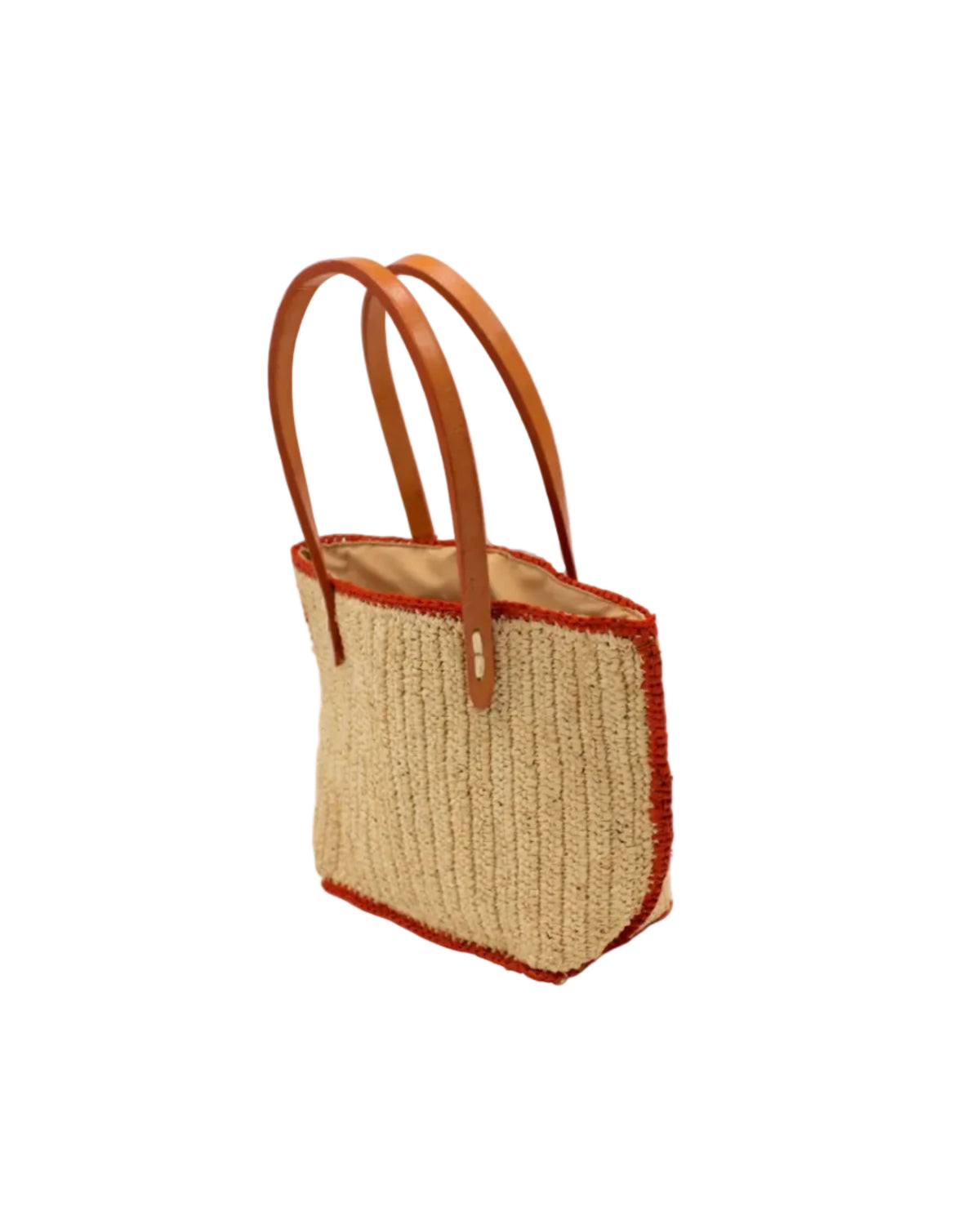 Side view Adele Mini Crochet Raffia Straw Handbag Purse with Colored Edge Natural & Coral handmade crochet raffia palm fiber in a solid hue of natural straw color with contrasting narrow band of coral orange/red around the outer edges of the bag with subtle vertical band texture and leather handles - Shebobo