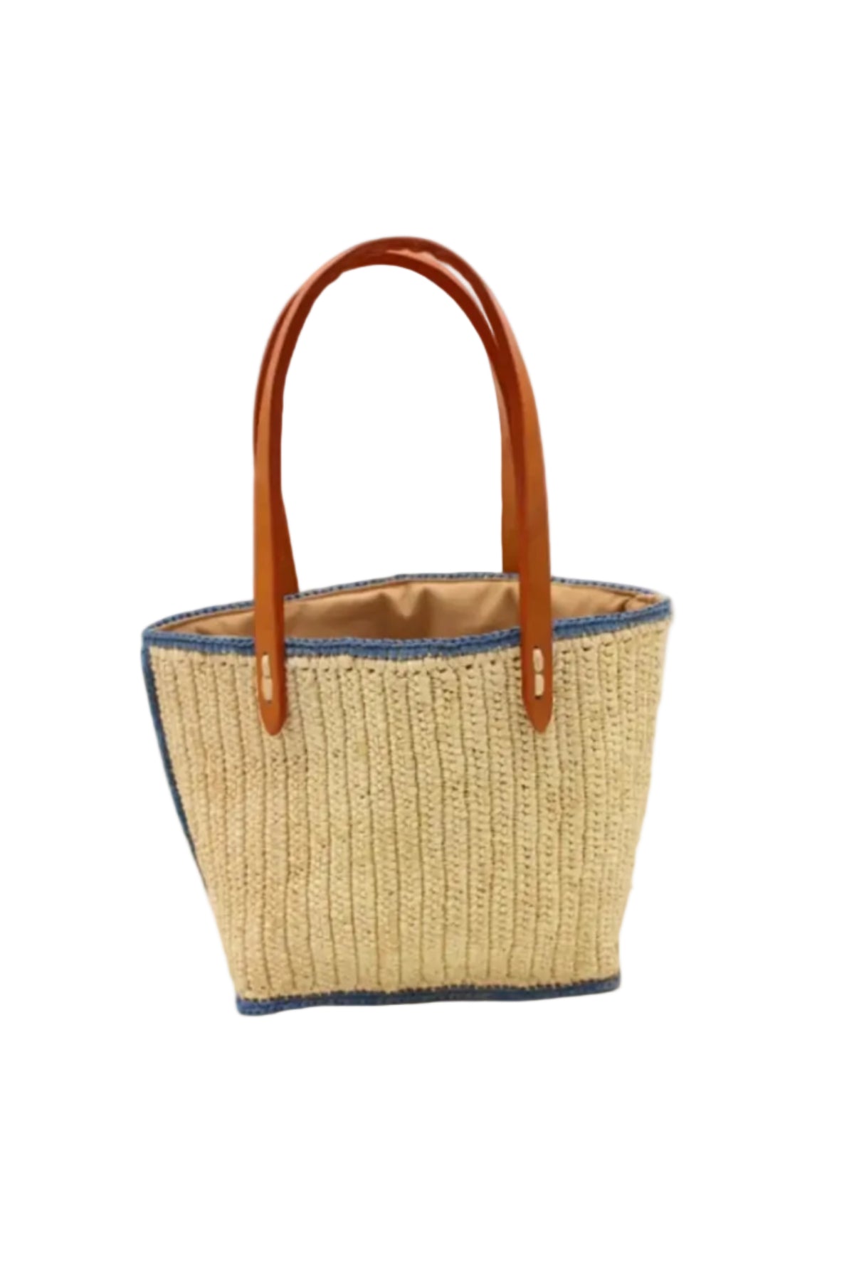 Adele Mini Crochet Raffia Straw Handbag Purse with Colored Edge Natural & Denim handmade crochet raffia palm fiber in a solid hue of natural straw color with contrasting narrow band of denim light/blue around the outer edges of the bag with subtle vertical band texture and leather handles - Shebobo