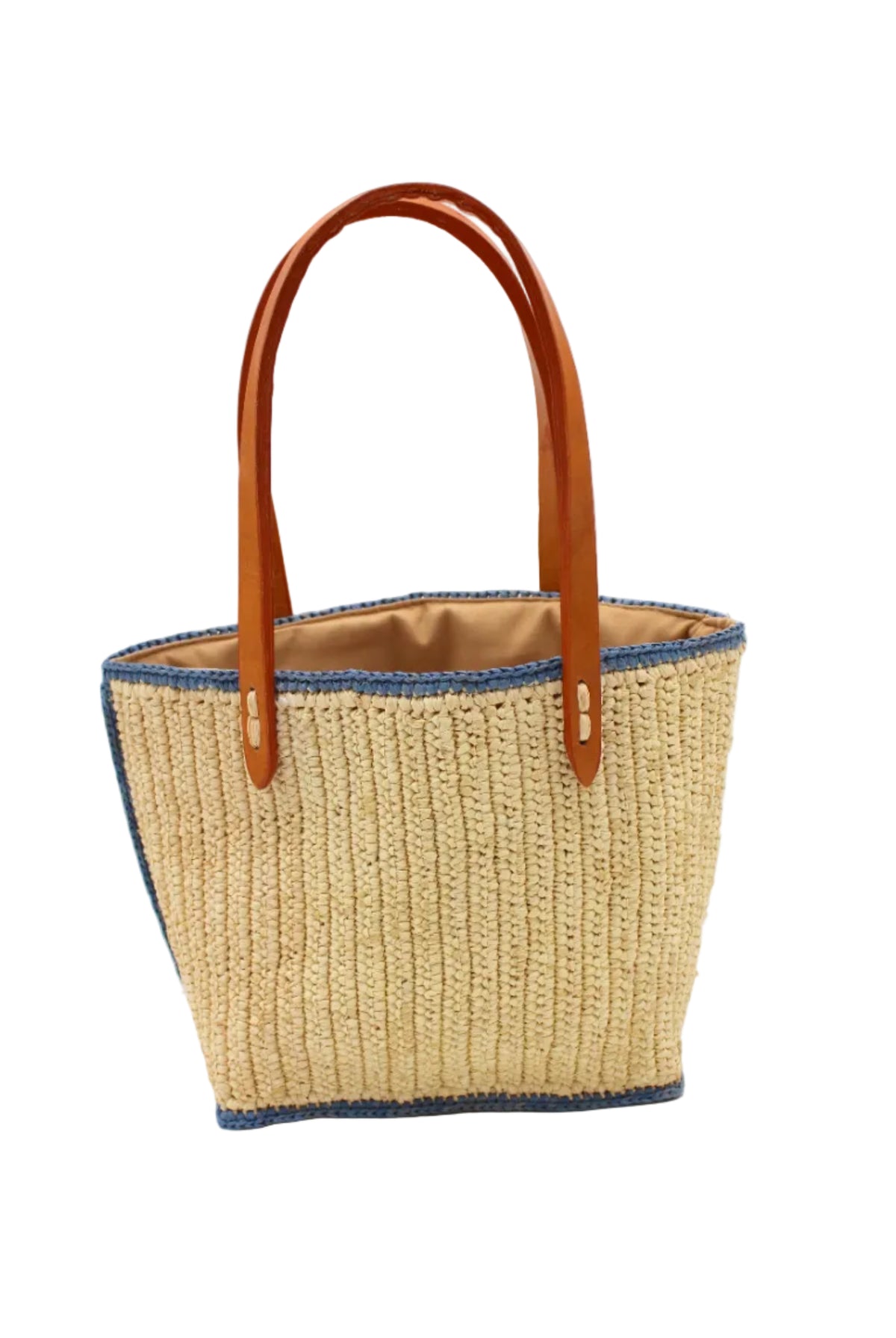Adele Mini Crochet Raffia Straw Handbag Purse with Colored Edge Natural & Denim handmade crochet raffia palm fiber in a solid hue of natural straw color with contrasting narrow band of denim light/blue around the outer edges of the bag with subtle vertical band texture and leather handles - Shebobo