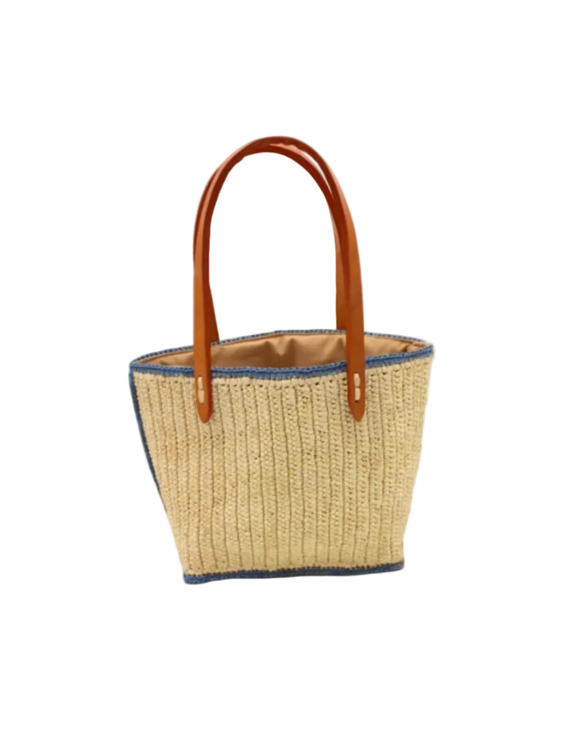 Adele Mini Crochet Raffia Straw Handbag Purse with Colored Edge Natural & Denim handmade crochet raffia palm fiber in a solid hue of natural straw color with contrasting narrow band of denim light/blue around the outer edges of the bag with subtle vertical band texture and leather handles - Shebobo