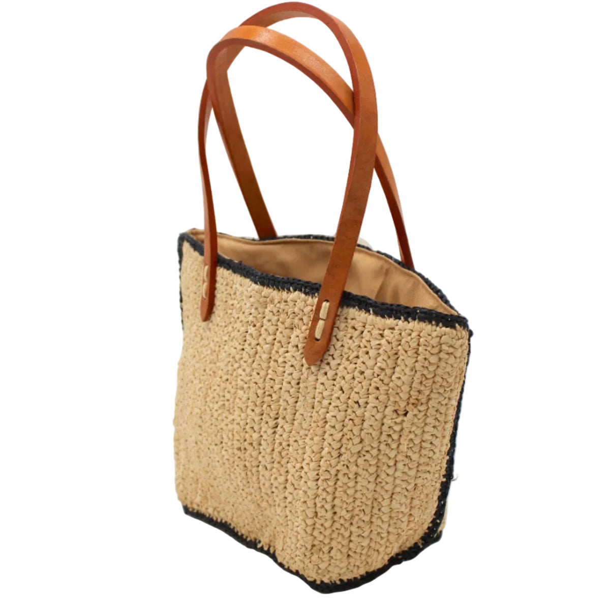 Side view Adele Mini Crochet Raffia Straw Handbag Purse with Colored Edge Natural & Black handmade crochet raffia palm fiber in a solid hue of natural straw color with contrasting narrow band of black around the outer edges of the bag with subtle vertical band texture and leather handles - Shebobo