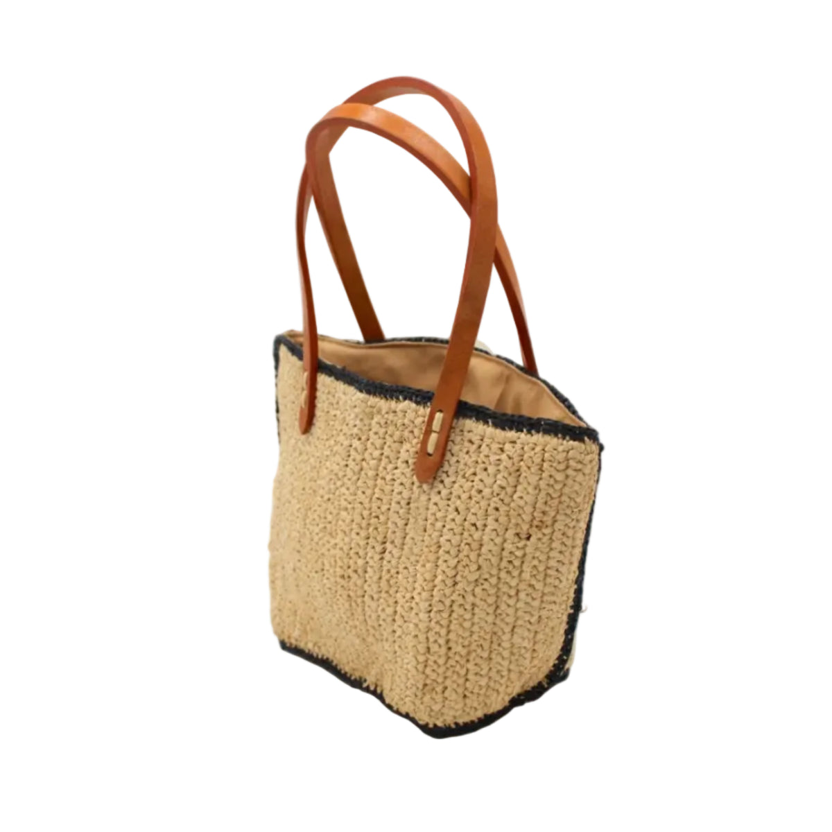 Side view Adele Mini Crochet Raffia Straw Handbag Purse with Colored Edge Natural & Black handmade crochet raffia palm fiber in a solid hue of natural straw color with contrasting narrow band of black around the outer edges of the bag with subtle vertical band texture and leather handles - Shebobo