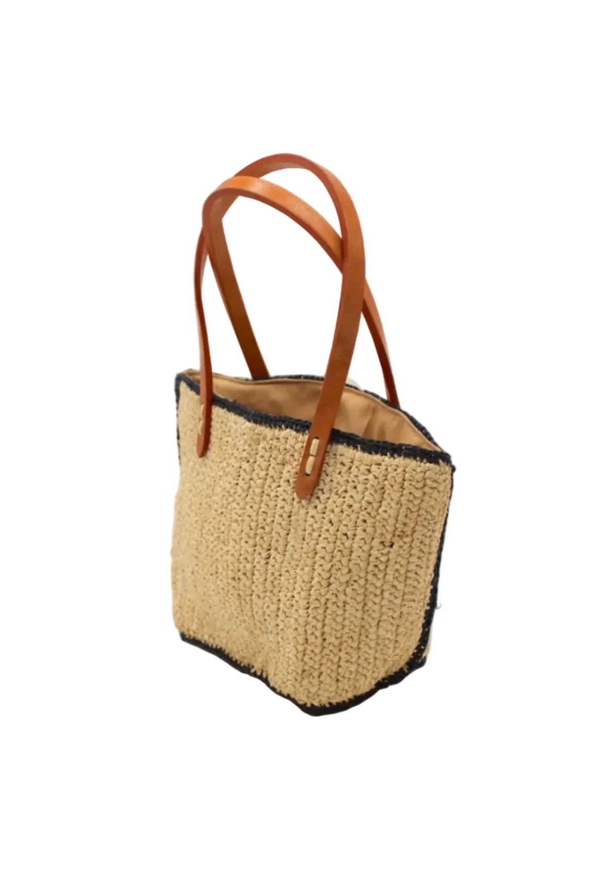 Side view Adele Mini Crochet Raffia Straw Handbag Purse with Colored Edge Natural & Black handmade crochet raffia palm fiber in a solid hue of natural straw color with contrasting narrow band of black around the outer edges of the bag with subtle vertical band texture and leather handles - Shebobo