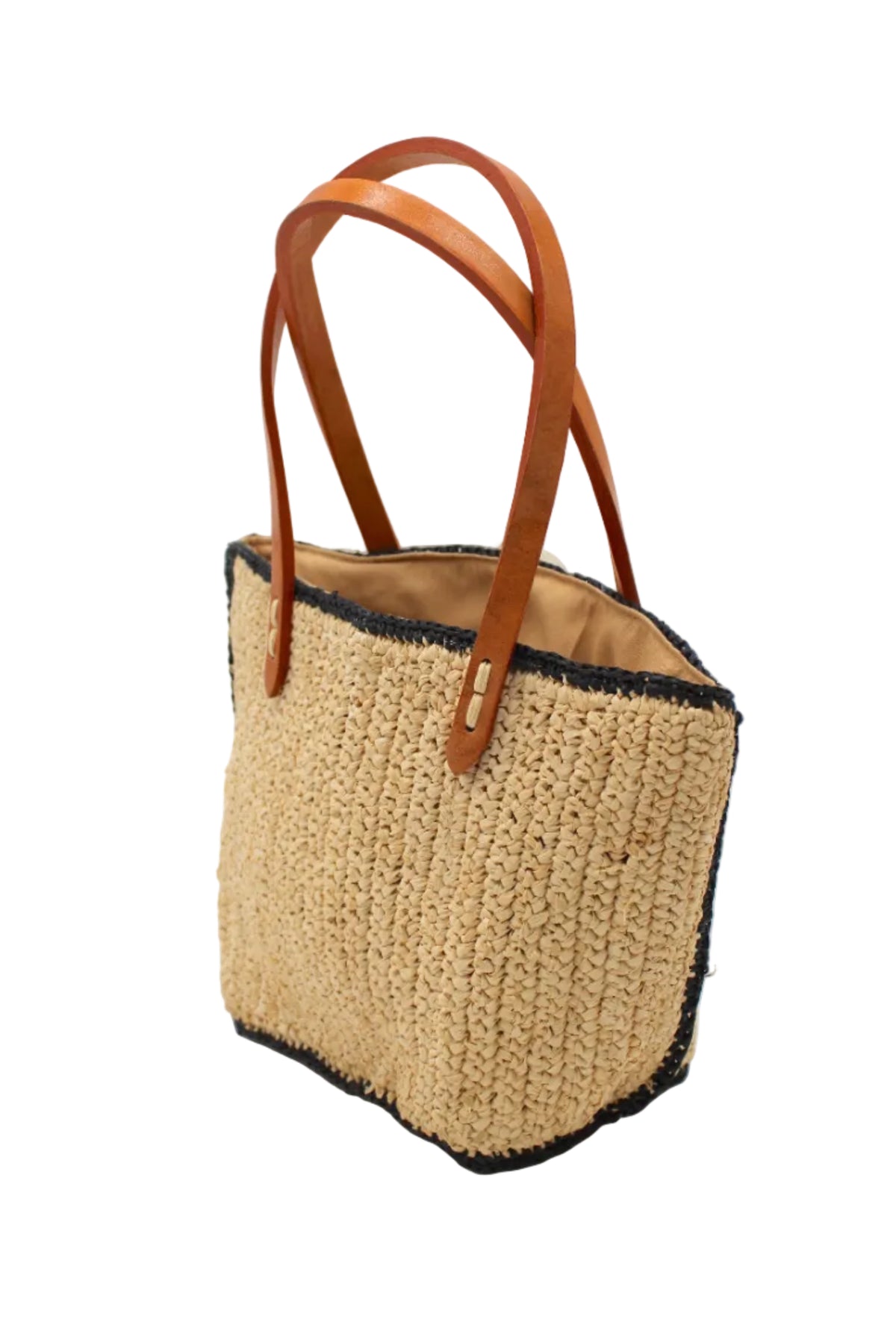 Side view Adele Mini Crochet Raffia Straw Handbag Purse with Colored Edge Natural & Black handmade crochet raffia palm fiber in a solid hue of natural straw color with contrasting narrow band of black around the outer edges of the bag with subtle vertical band texture and leather handles - Shebobo