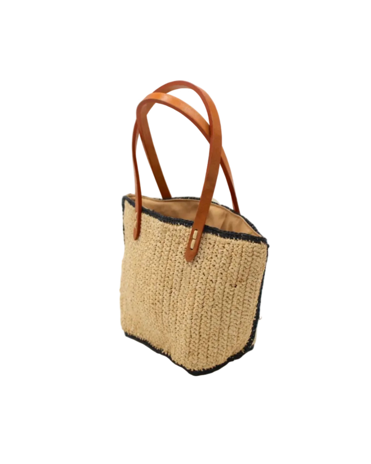 Side view Adele Mini Crochet Raffia Straw Handbag Purse with Colored Edge Natural & Black handmade crochet raffia palm fiber in a solid hue of natural straw color with contrasting narrow band of black around the outer edges of the bag with subtle vertical band texture and leather handles - Shebobo