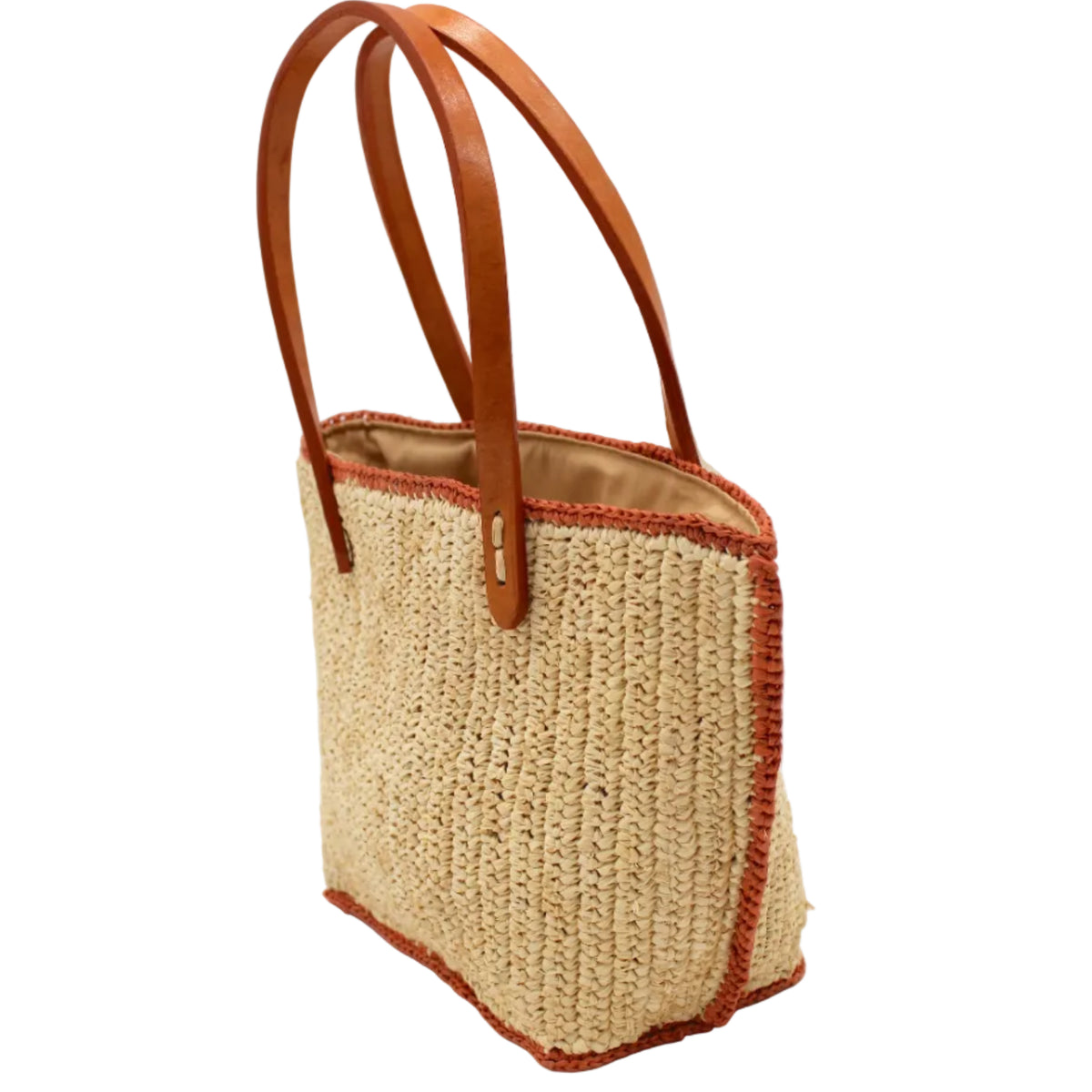 Side view Adele Mini Crochet Raffia Straw Handbag Purse with Colored Edge Natural & Blush handmade crochet raffia palm fiber in a solid hue of natural straw color with contrasting narrow band of blush orange/pink around the outer edges of the bag with subtle vertical band texture and leather handles - Shebobo