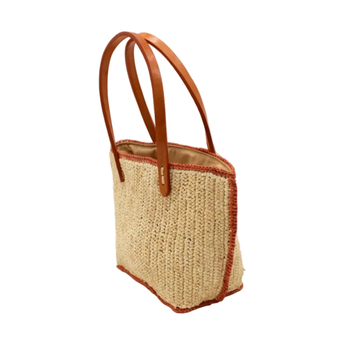 Side view Adele Mini Crochet Raffia Straw Handbag Purse with Colored Edge Natural & Blush handmade crochet raffia palm fiber in a solid hue of natural straw color with contrasting narrow band of blush orange/pink around the outer edges of the bag with subtle vertical band texture and leather handles - Shebobo
