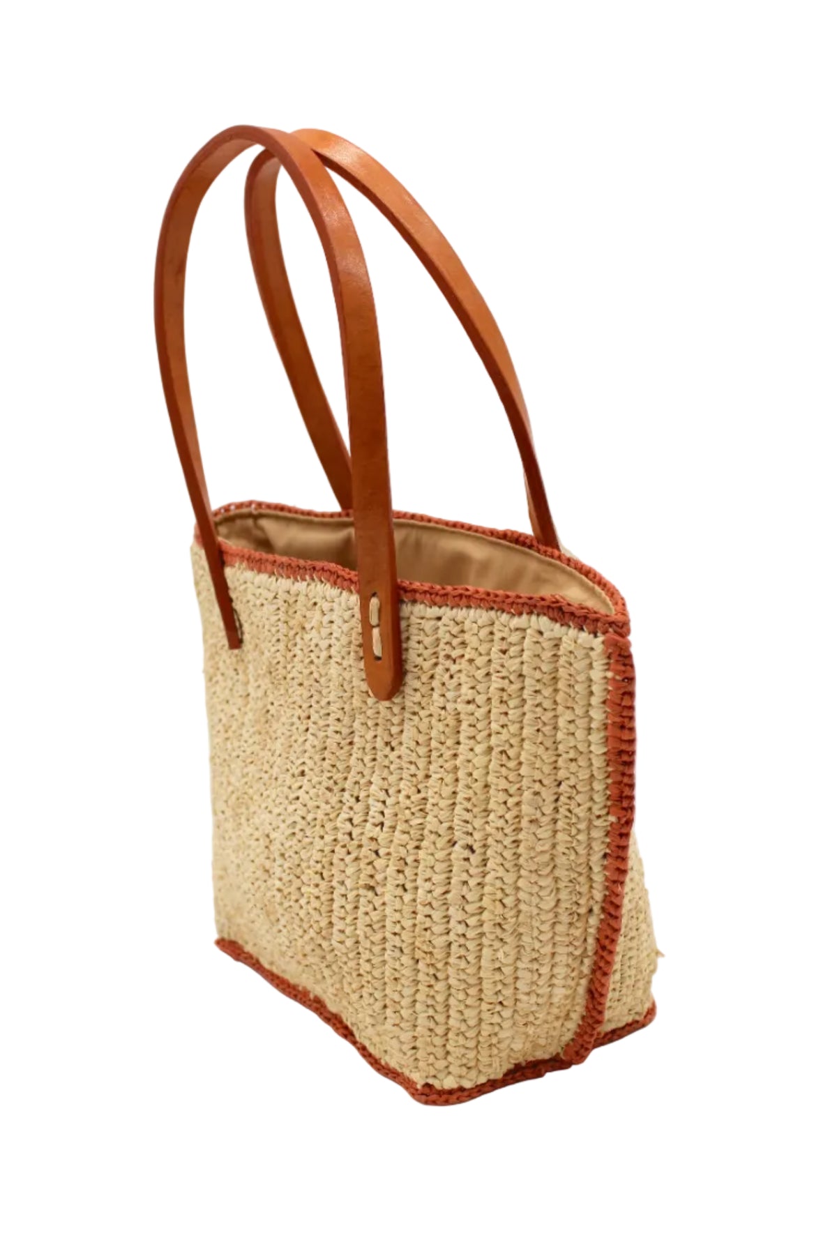 Side view Adele Mini Crochet Raffia Straw Handbag Purse with Colored Edge Natural & Blush handmade crochet raffia palm fiber in a solid hue of natural straw color with contrasting narrow band of blush orange/pink around the outer edges of the bag with subtle vertical band texture and leather handles - Shebobo