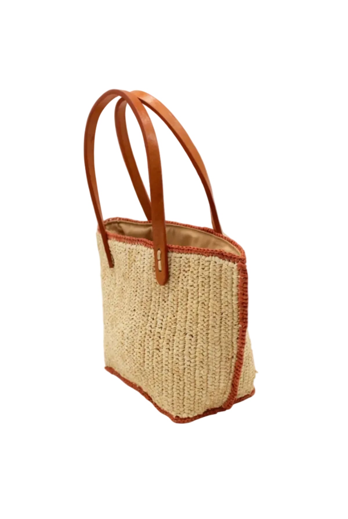 Side view Adele Mini Crochet Raffia Straw Handbag Purse with Colored Edge Natural & Blush handmade crochet raffia palm fiber in a solid hue of natural straw color with contrasting narrow band of blush orange/pink around the outer edges of the bag with subtle vertical band texture and leather handles - Shebobo