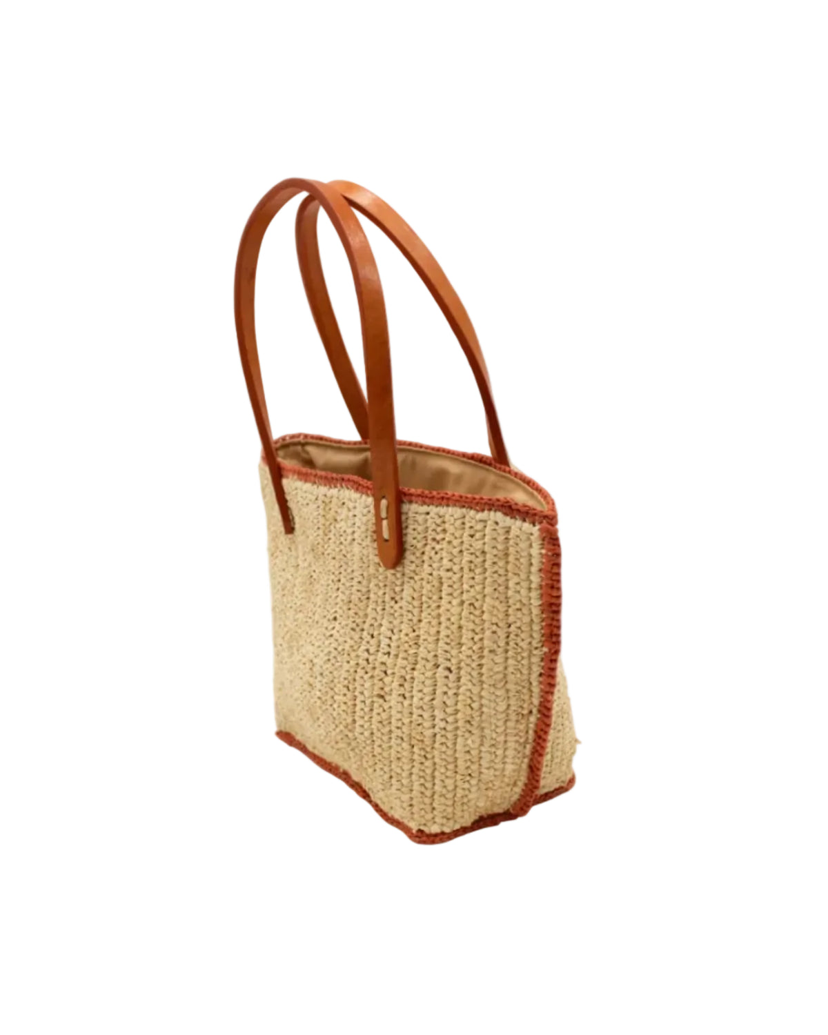 Side view Adele Mini Crochet Raffia Straw Handbag Purse with Colored Edge Natural & Blush handmade crochet raffia palm fiber in a solid hue of natural straw color with contrasting narrow band of blush orange/pink around the outer edges of the bag with subtle vertical band texture and leather handles - Shebobo