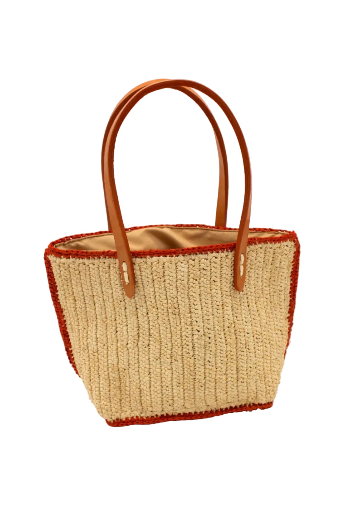 Adele Mini Crochet Raffia Straw Handbag Purse with Colored Edge Natural & Coral handmade crochet raffia palm fiber in a solid hue of natural straw color with contrasting narrow band of coral orange/red around the outer edges of the bag with subtle vertical band texture and leather handles - Shebobo