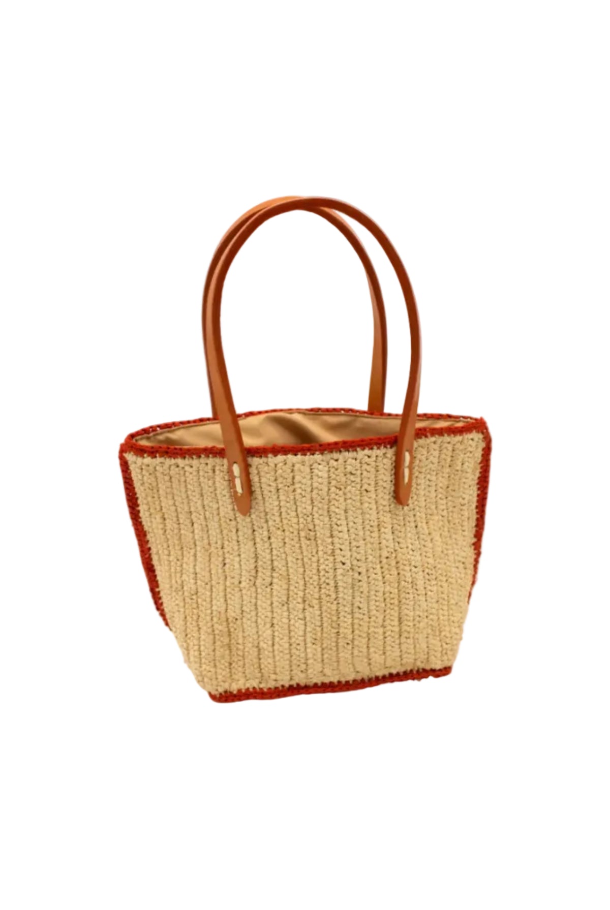 Adele Mini Crochet Raffia Straw Handbag Purse with Colored Edge Natural & Coral handmade crochet raffia palm fiber in a solid hue of natural straw color with contrasting narrow band of coral orange/red around the outer edges of the bag with subtle vertical band texture and leather handles - Shebobo