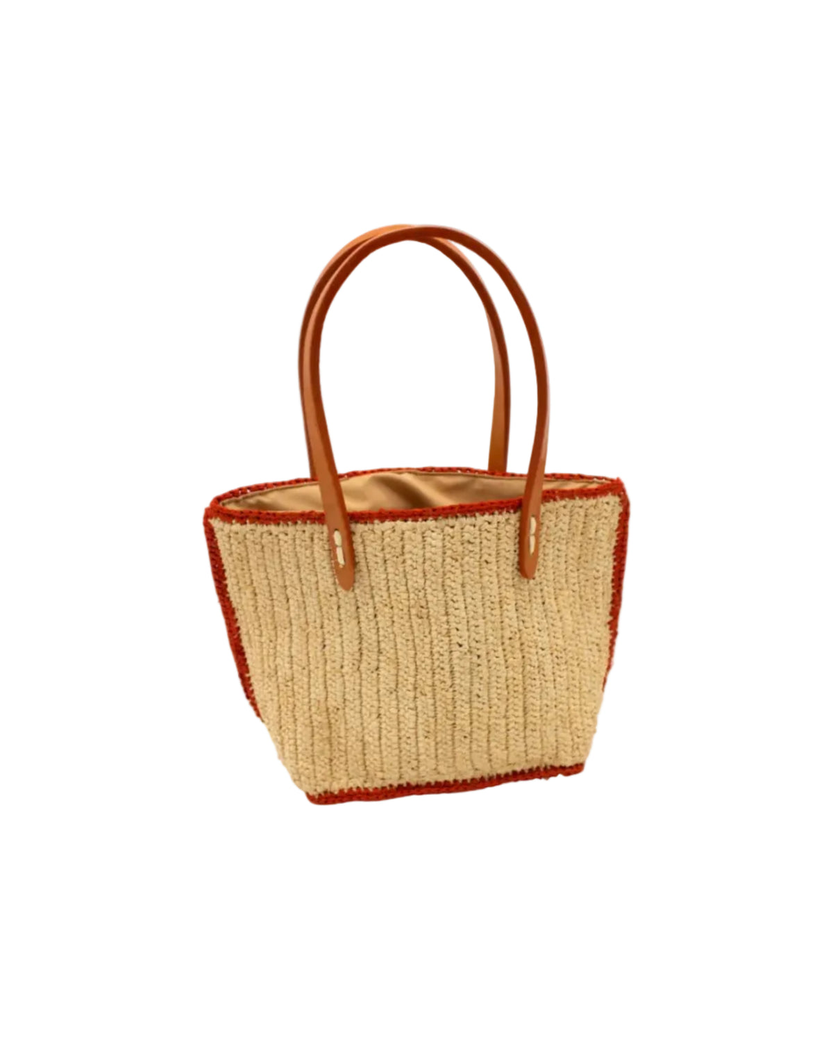 Adele Mini Crochet Raffia Straw Handbag Purse with Colored Edge Natural & Coral handmade crochet raffia palm fiber in a solid hue of natural straw color with contrasting narrow band of coral orange/red around the outer edges of the bag with subtle vertical band texture and leather handles - Shebobo