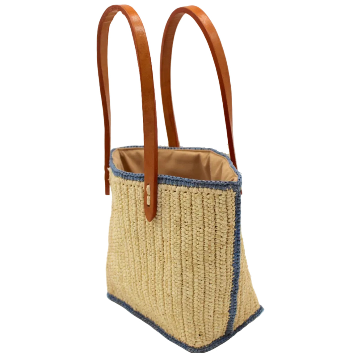 Side view Adele Mini Crochet Raffia Straw Handbag Purse with Colored Edge Natural & Denim handmade crochet raffia palm fiber in a solid hue of natural straw color with contrasting narrow band of denim light/blue around the outer edges of the bag with subtle vertical band texture and leather handles - Shebobo