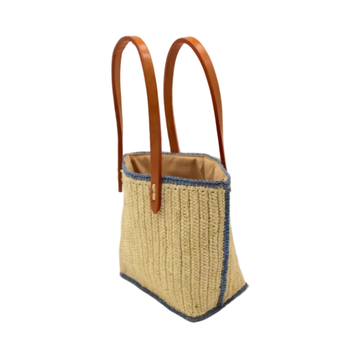 Adele Mini Crochet Raffia Straw Handbag Purse with Colored Edge Natural & Denim handmade crochet raffia palm fiber in a solid hue of natural straw color with contrasting narrow band of denim light/blue around the outer edges of the bag with subtle vertical band texture and leather handles - Shebobo