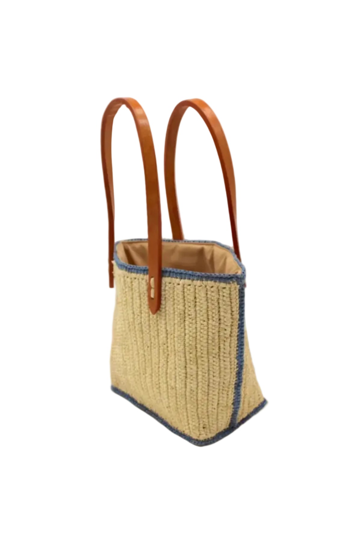 Adele Mini Crochet Raffia Straw Handbag Purse with Colored Edge Natural & Denim handmade crochet raffia palm fiber in a solid hue of natural straw color with contrasting narrow band of denim light/blue around the outer edges of the bag with subtle vertical band texture and leather handles - Shebobo