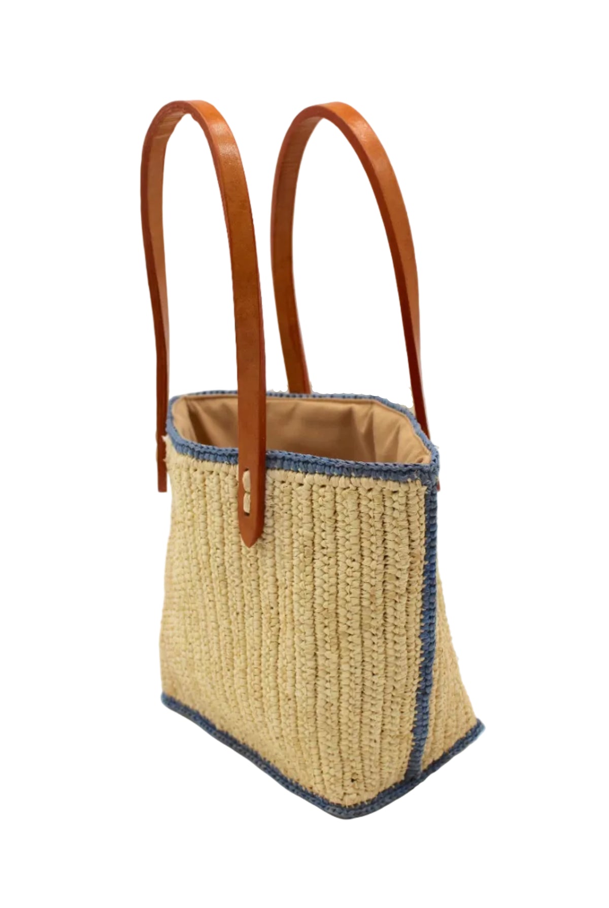 Side view Adele Mini Crochet Raffia Straw Handbag Purse with Colored Edge Natural & Denim handmade crochet raffia palm fiber in a solid hue of natural straw color with contrasting narrow band of denim light/blue around the outer edges of the bag with subtle vertical band texture and leather handles - Shebobo