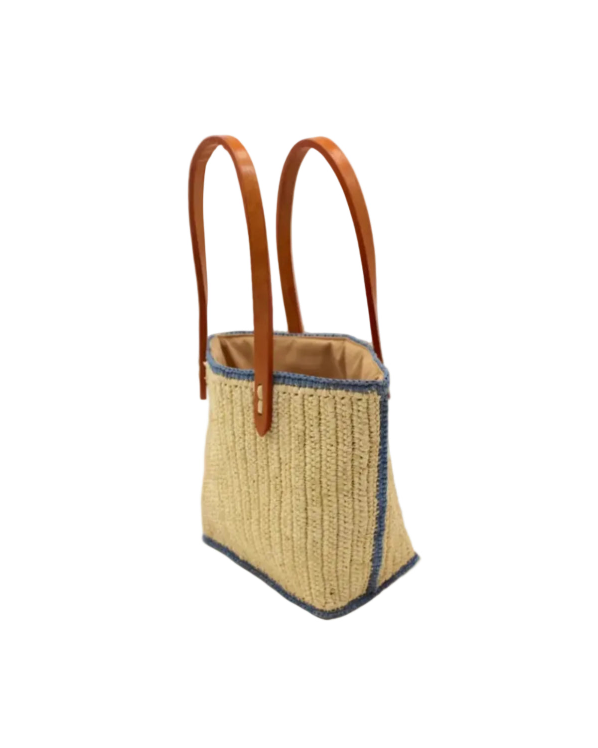 Adele Mini Crochet Raffia Straw Handbag Purse with Colored Edge Natural & Denim handmade crochet raffia palm fiber in a solid hue of natural straw color with contrasting narrow band of denim light/blue around the outer edges of the bag with subtle vertical band texture and leather handles - Shebobo