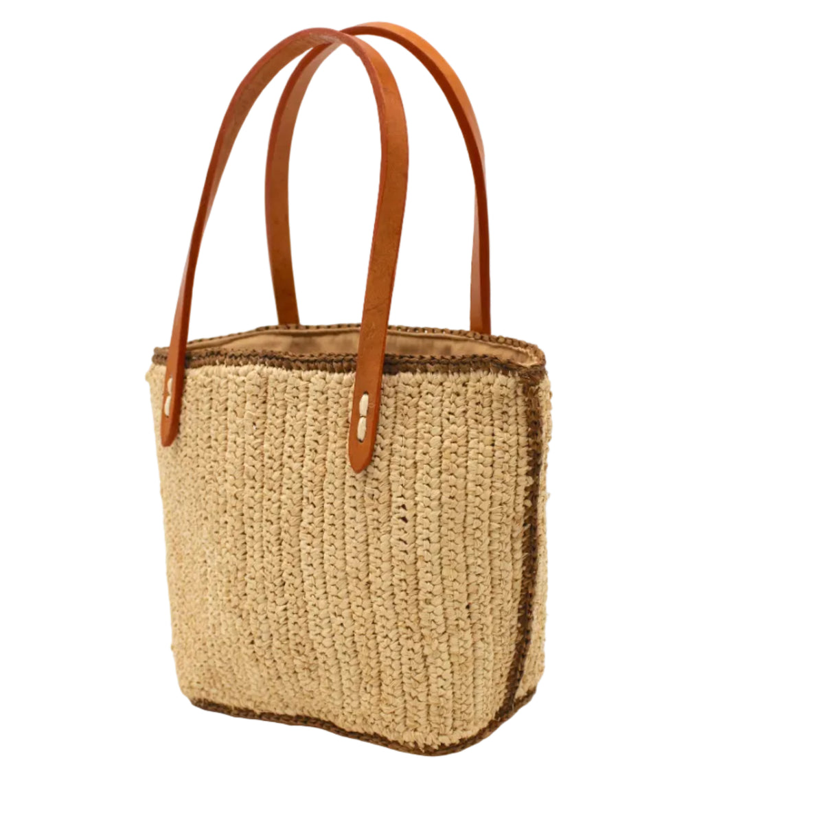 Side view Adele Mini Crochet Raffia Straw Handbag Purse with Colored Edge Natural & Tobacco handmade crochet raffia palm fiber in a solid hue of natural straw color with contrasting narrow band of tobacco dark/cinnamon/brown around the outer edges of the bag with subtle vertical band texture and leather handles - Shebobo