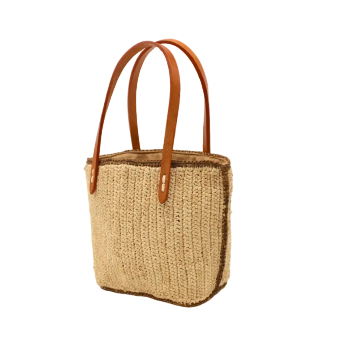 Side view Adele Mini Crochet Raffia Straw Handbag Purse with Colored Edge Natural & Tobacco handmade crochet raffia palm fiber in a solid hue of natural straw color with contrasting narrow band of tobacco dark/cinnamon/brown around the outer edges of the bag with subtle vertical band texture and leather handles - Shebobo