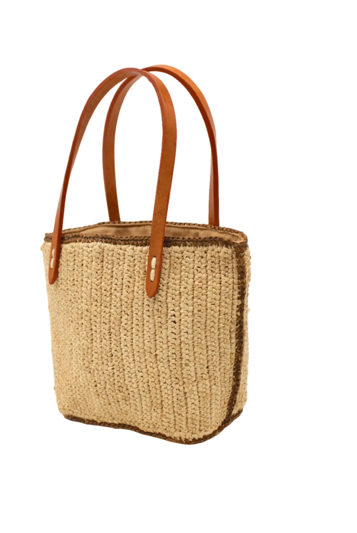 Side view Adele Mini Crochet Raffia Straw Handbag Purse with Colored Edge Natural & Tobacco handmade crochet raffia palm fiber in a solid hue of natural straw color with contrasting narrow band of tobacco dark/cinnamon/brown around the outer edges of the bag with subtle vertical band texture and leather handles - Shebobo
