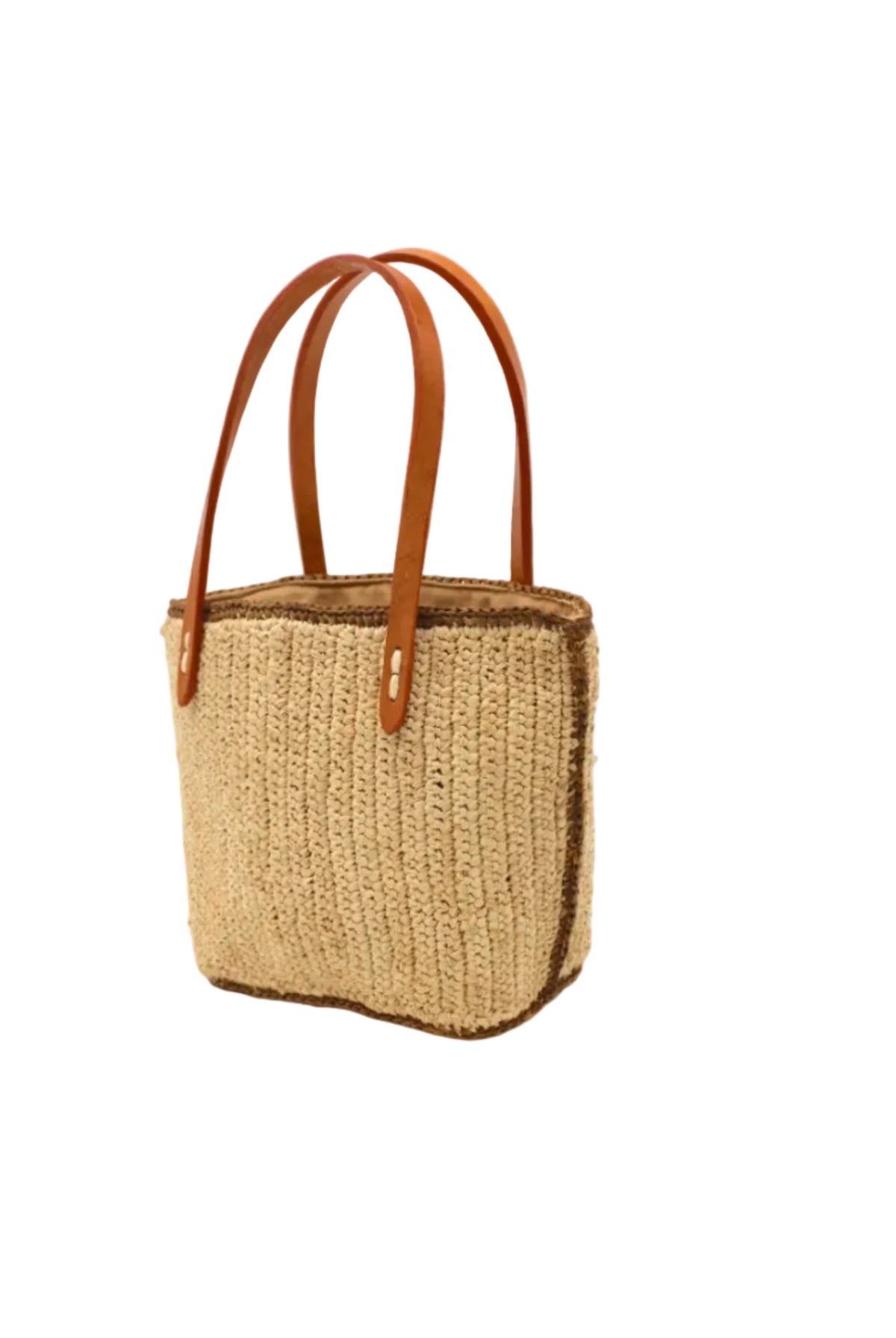 Side view Adele Mini Crochet Raffia Straw Handbag Purse with Colored Edge Natural & Tobacco handmade crochet raffia palm fiber in a solid hue of natural straw color with contrasting narrow band of tobacco dark/cinnamon/brown around the outer edges of the bag with subtle vertical band texture and leather handles - Shebobo